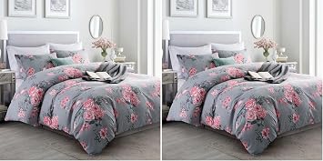 MOONLIGHT20015 Double Duvet Set Soft Printed Luxury Bedding Set Brushed Microfiber Duvet Cover with Pillowcases (Grey Bouquet 200x200 CM) (Pack of 2)