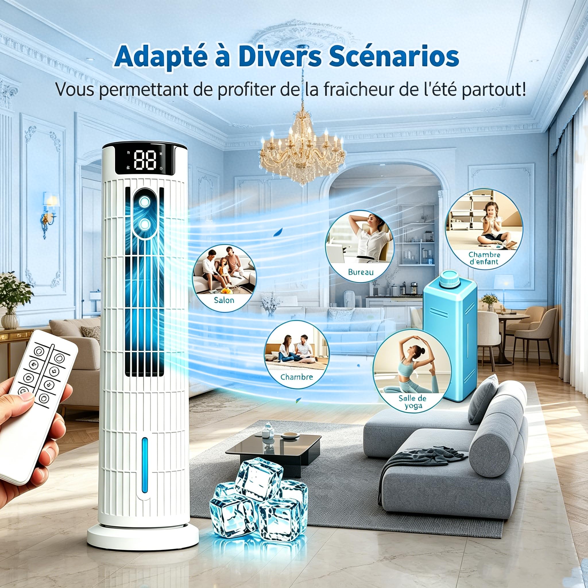 Climatiseur Mobile Silencieux Refroidisseur d'Air,Ultra-élevée,Refroidissement par Brume Froide, Timer 2-10h,6 Vitesses de Ventilation, 2 Modes,3 Niveaux Réglables, Oscillation 90°,pour Chambre,Bureau