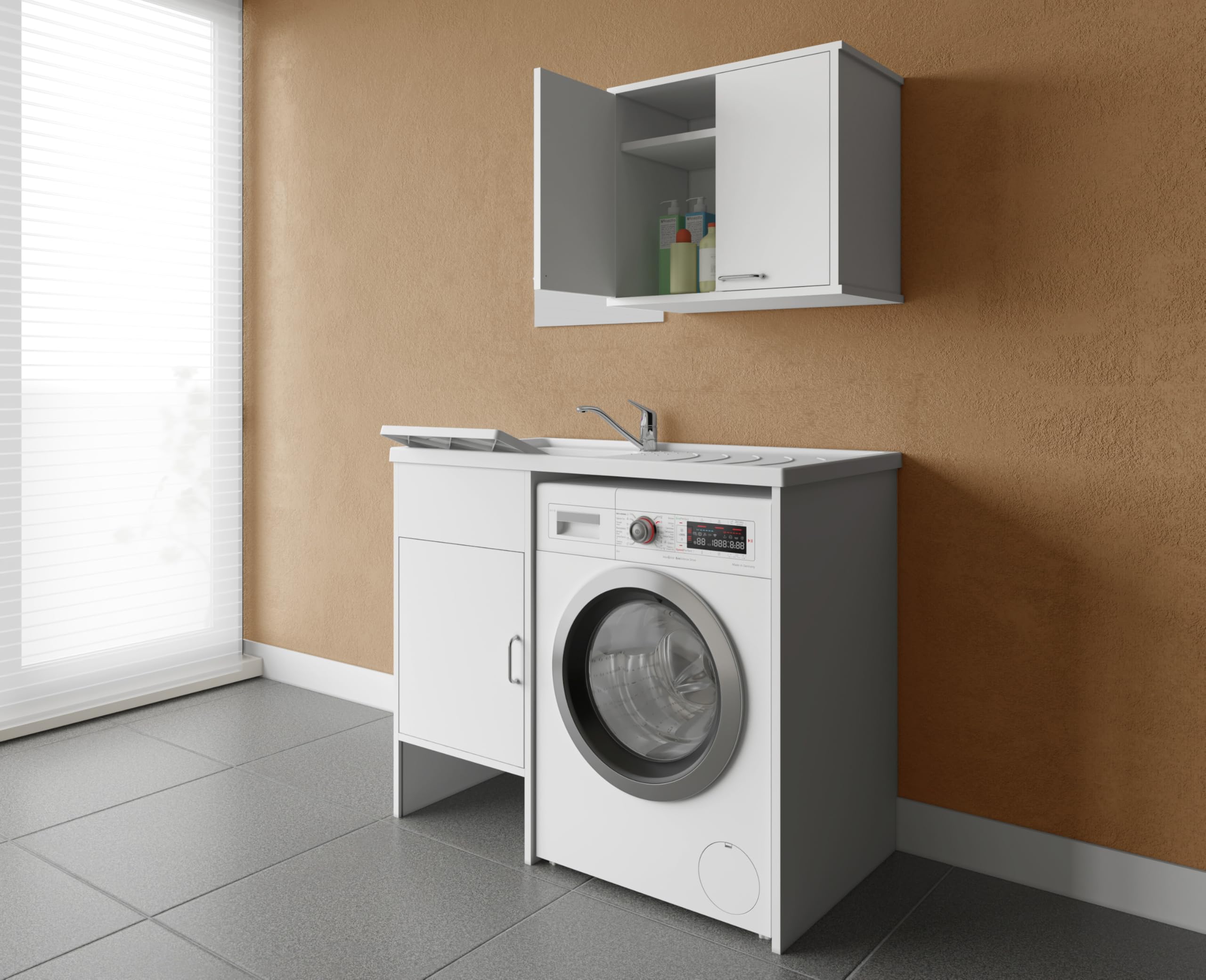Negrari composizione, Lavatoio Coprilavatrice + Specchio + Pensile in Resina, Resistente all'umidità, Vasca resistente agli acidi di uso comune, Kit di scarico incluso, Interno e Esterno