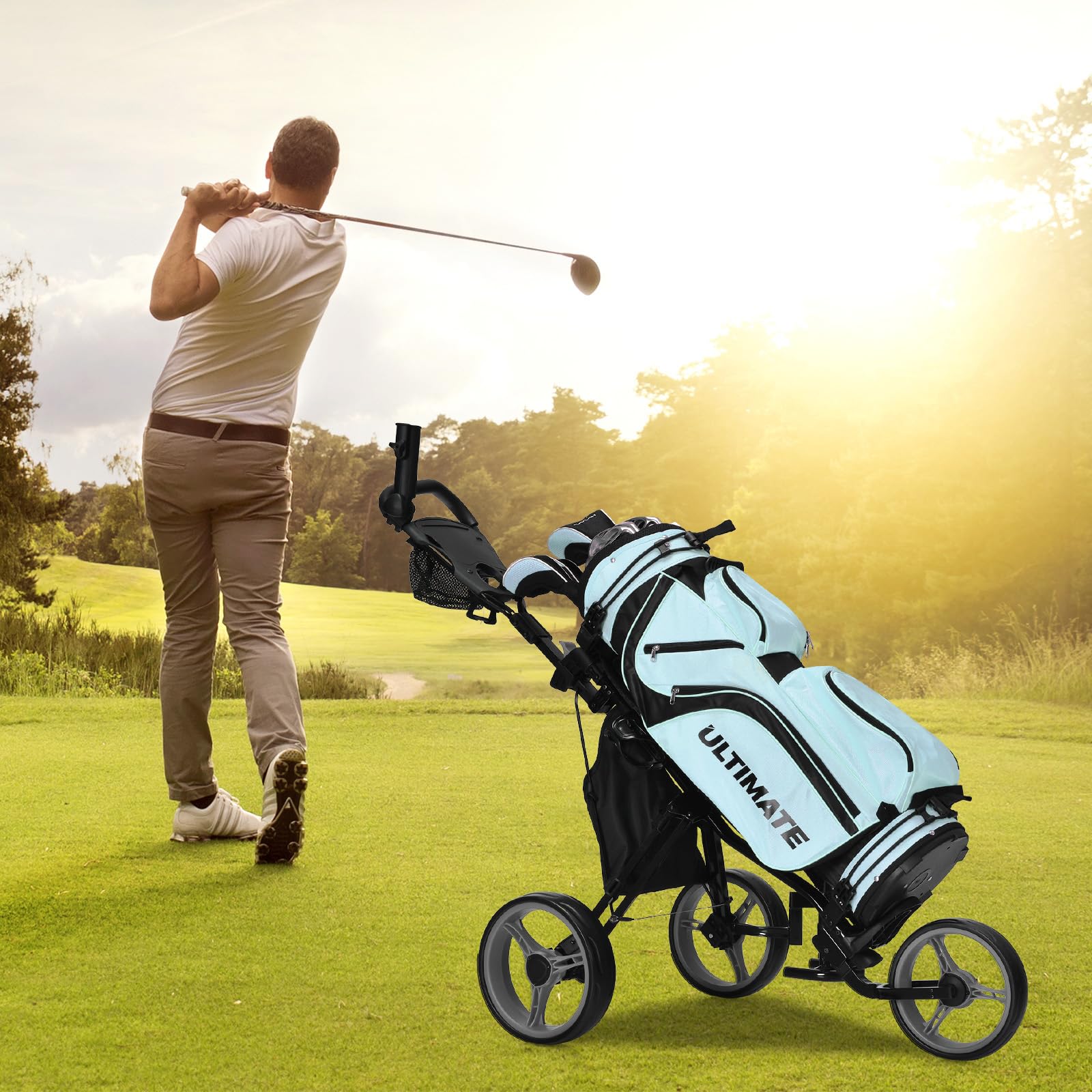 GYMAX Carro de Golf Plegable 3 Ruedas con Altura Ajustable y Portabebidas