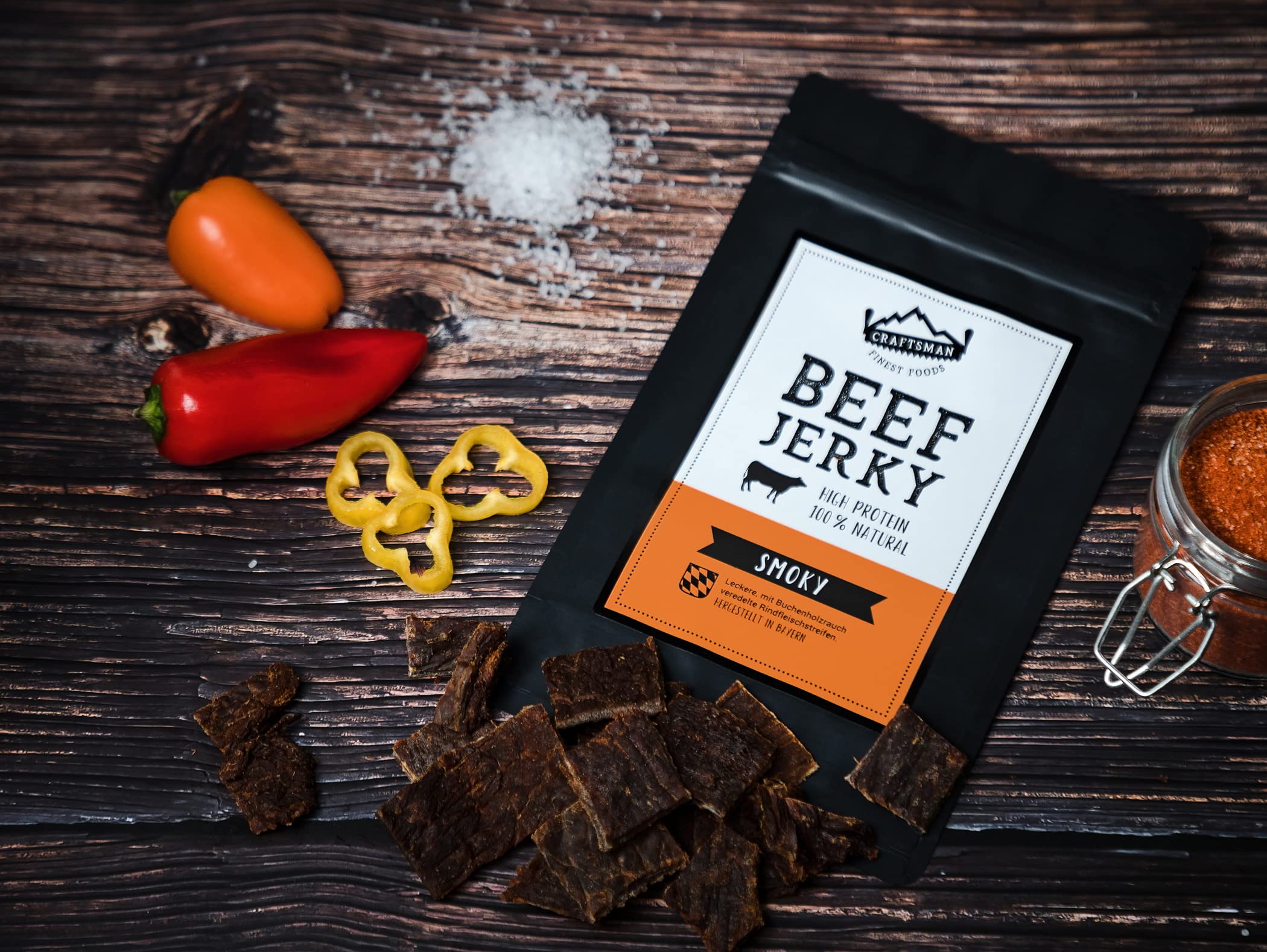 Craftsman Beef Jerky Smoky | Aus Deutschland - Bayern | Set 5 x 100g = 500g | 100% natürlich ohne Zucker | 100% Rindfleisch | High Protein 68% | Trockenfleisch Pfeffer, Smoky, Scharf