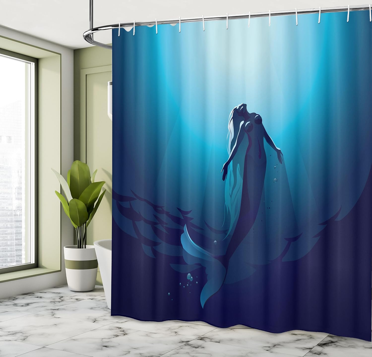 Ambesonne Underwater Shower Curtain, Fantasy Mermaid in The Deep Water Swimming up to The Surface Sun Rays Art Print, Cloth Fabric Bathroom Decor Set with Hooks, 69" W x 75" L, Blue
