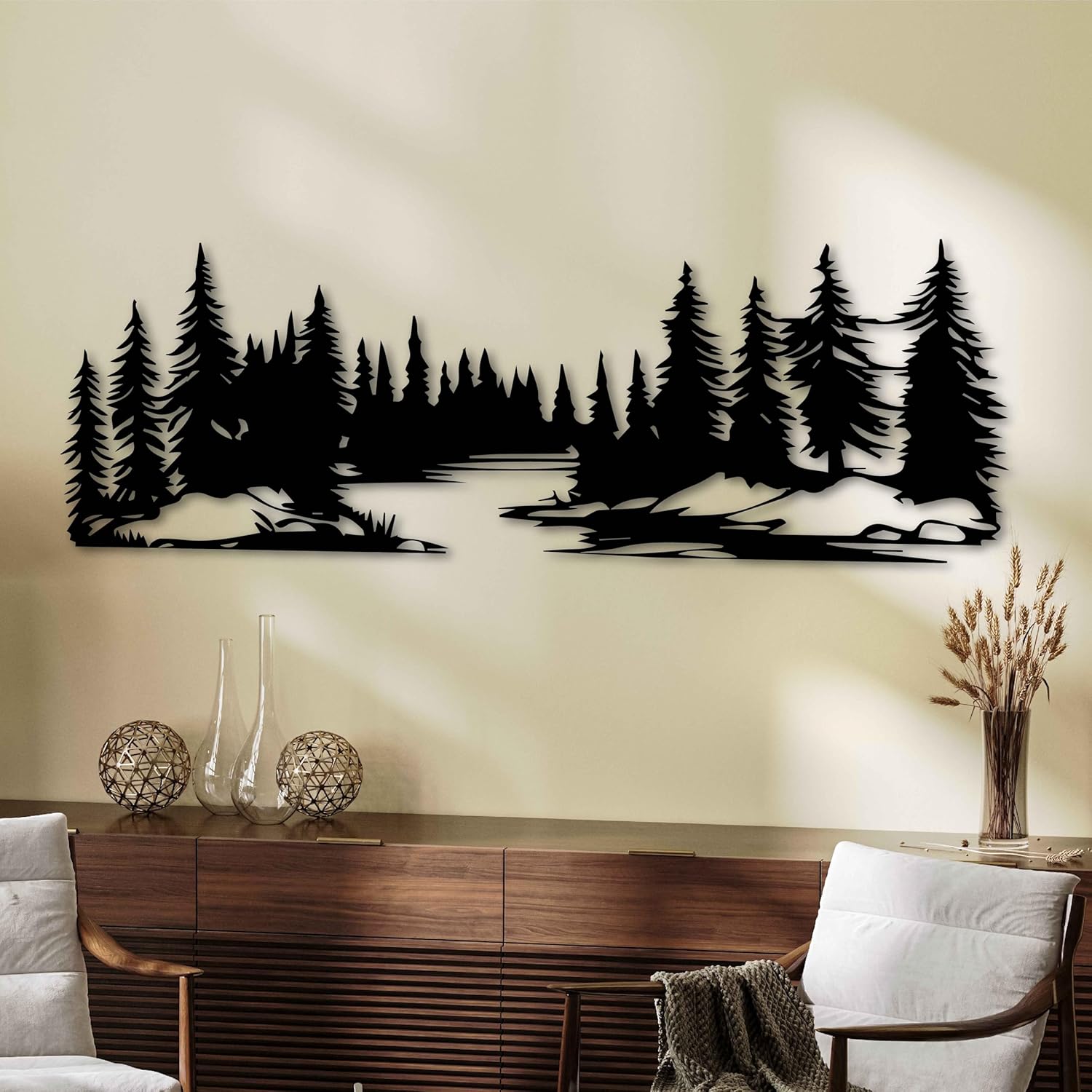 KAWA METALWORKS Trees and River Landscape Metal Wall Art, Forest Rustic Metal Wall Hanging, Lodge and Cottage Wall Decor, Nature Inspired Wall Sculpture, Indoor and Outdoor Decoration