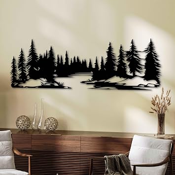 KAWA METALWORKS Trees and River Landscape Metal Wall Art, Forest Rustic Metal Wall Hanging, Lodge and Cottage Wall Decor, Nature Inspired Wall Sculpture, Indoor and Outdoor Decoration