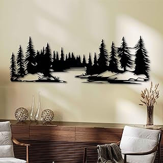 Trees and River Landscape Metal Wall Art, Forest Rustic Metal Wall Hangi...