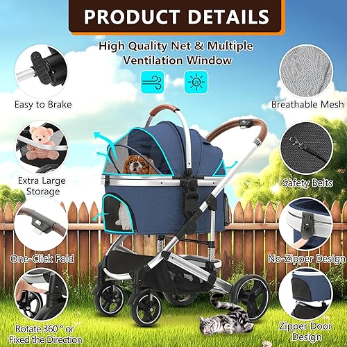 Miniatura 6 de Ingborsa Cochecito para mascotas 3 en 1, plegable, ligero, con transportador desmontable y cesta de almacenamiento, cochecito de viaje de 4 ruedas