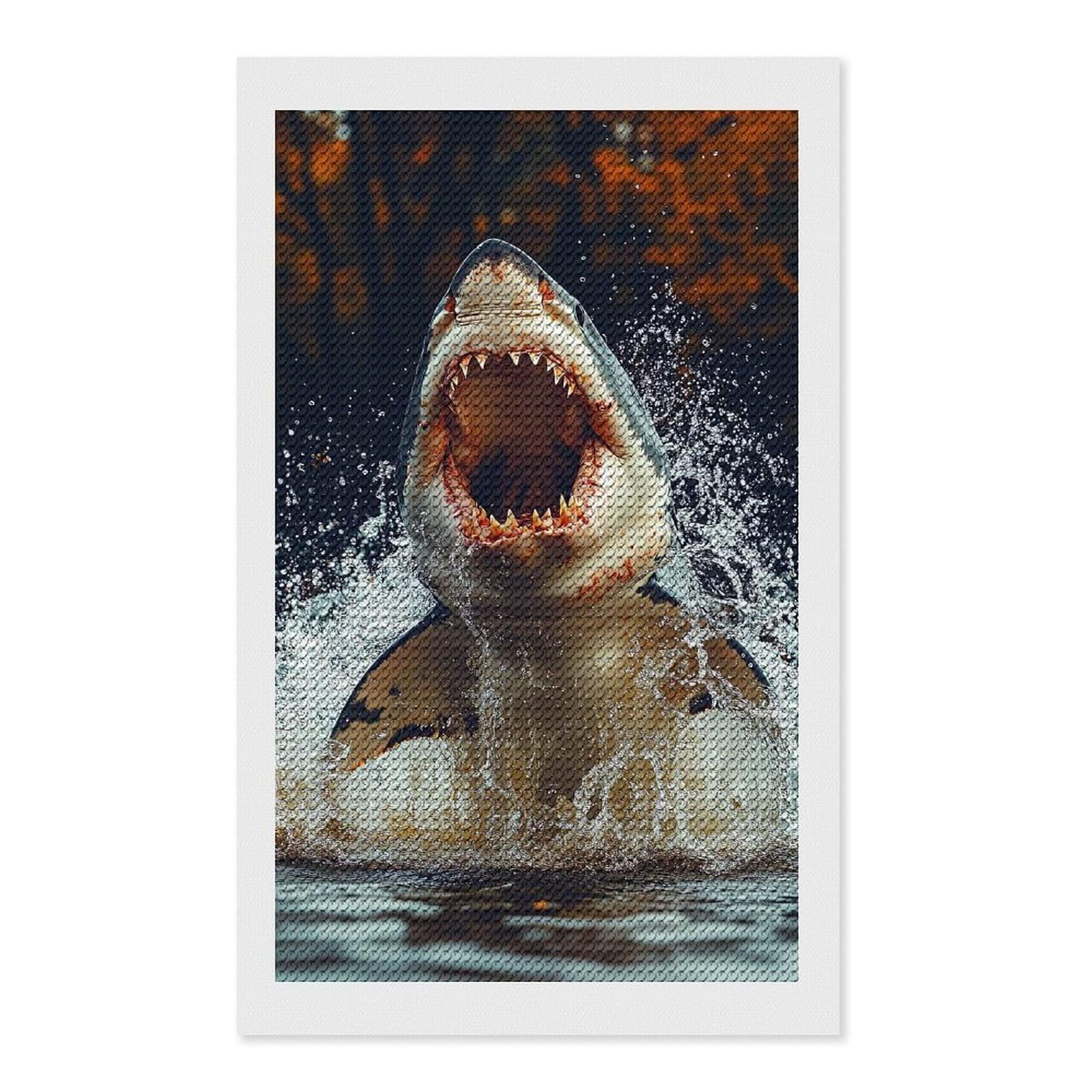 Junmoney Great White Shark Breaching Water Diamond Painting Canvas Kit 12"x20", Leisure Activity, Aesthetic Room Decor, with Tool Kit, DIY, Gift