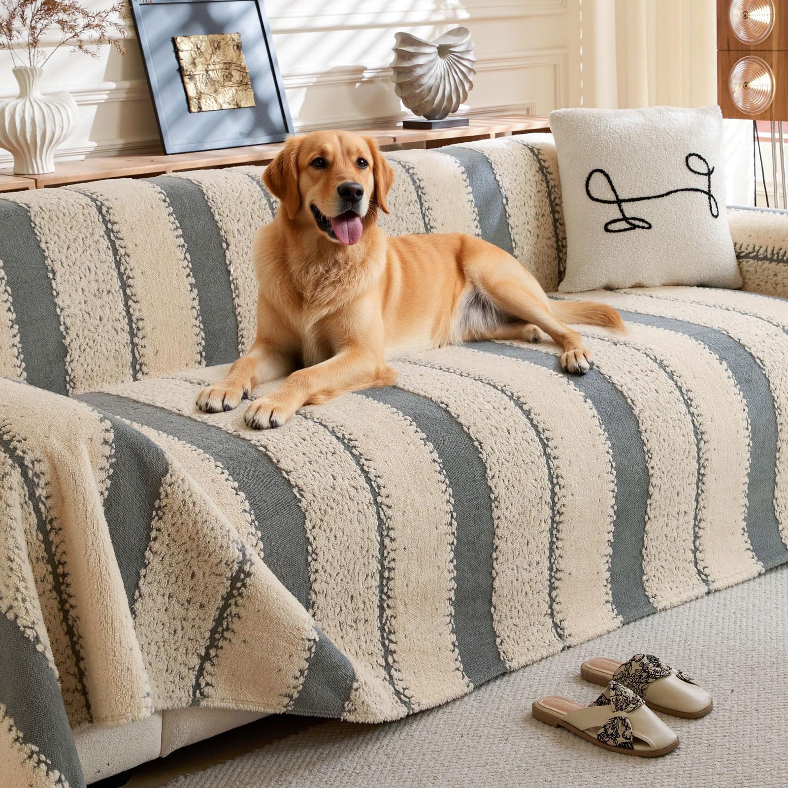 LiveGo Thick Plush Chenille Sofa Cover for 3 Seater, Soft Non-Slip Slipcover with Tassel, All-Season Washable Couch Protector for Dogs, Decorative Futon & L Shaped Sofa Cover (Plush Gray, 180×300 cm) — image 1