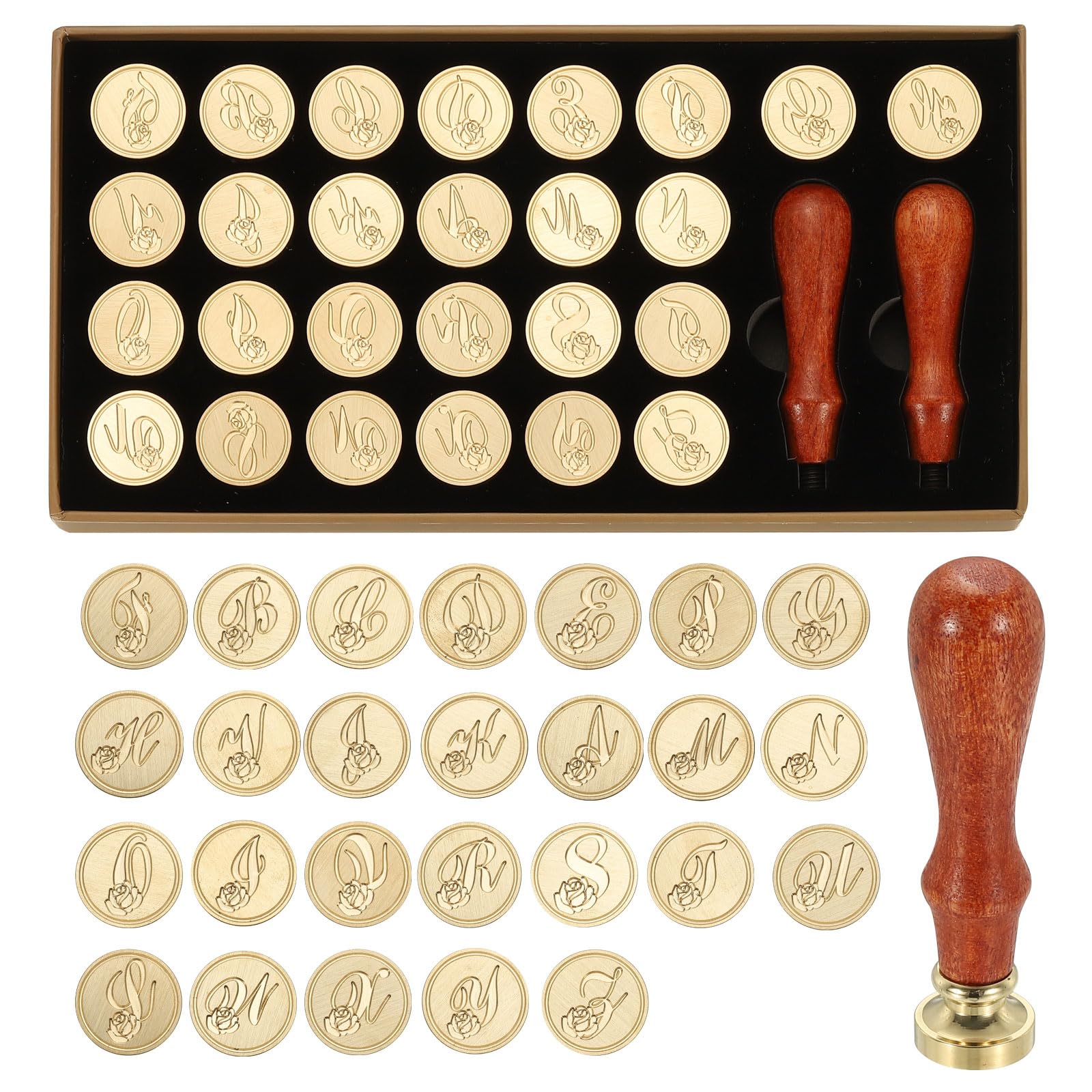 PATIKIL 26 Letters A-Z Alphabet Wax Seal Stamp Kit, Vintage Sealing Stamp with 2pcs Wooden Handles Gift Box for Wedding Invitation, Party, Gift Wrap, Envelope Card, Style 9