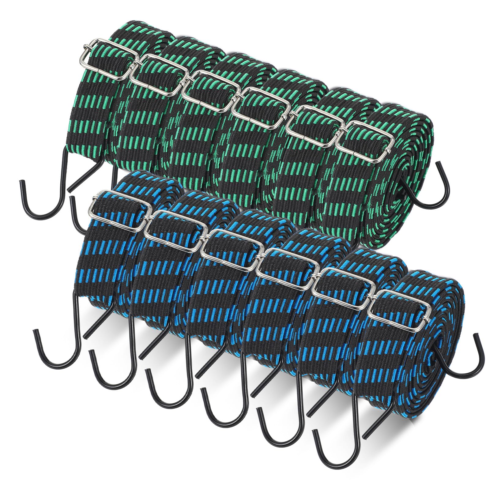 Photo 1 of 12 Pcs 80 Inch Adjustable Flat Bungee Cords with Hook Heavy Duty Elasticity Long Bungee Straps 1 Inch Width Latex Straps Anti Rust Metal Buckle Luggage Rope for Moving Luggage(Green&Black, Blue&Black)