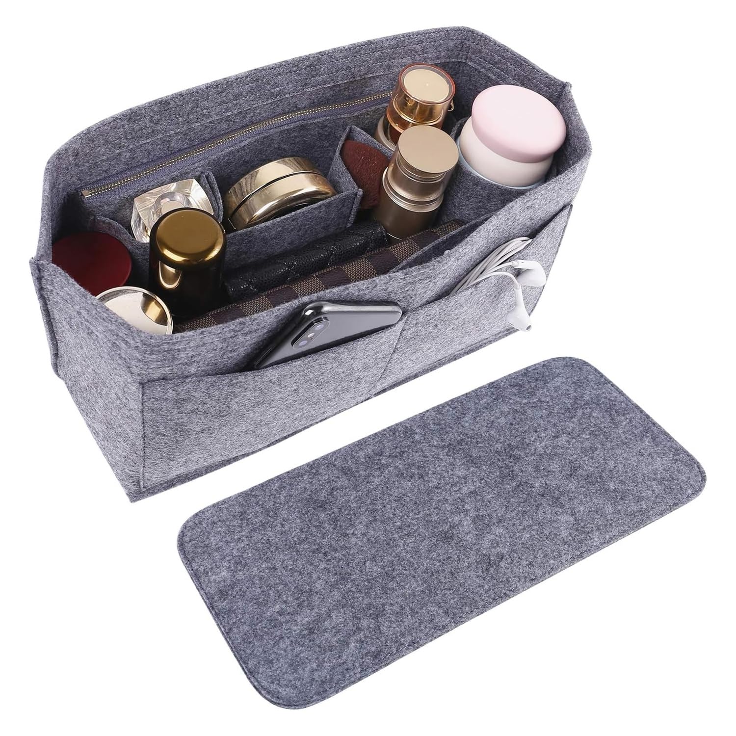Doxo Purse Organizer Insert Handbag&Tote Felt with Bag Fits for Speedy and Neverfull & Base Shaper 2pc Set (Large- Gray-Combination)