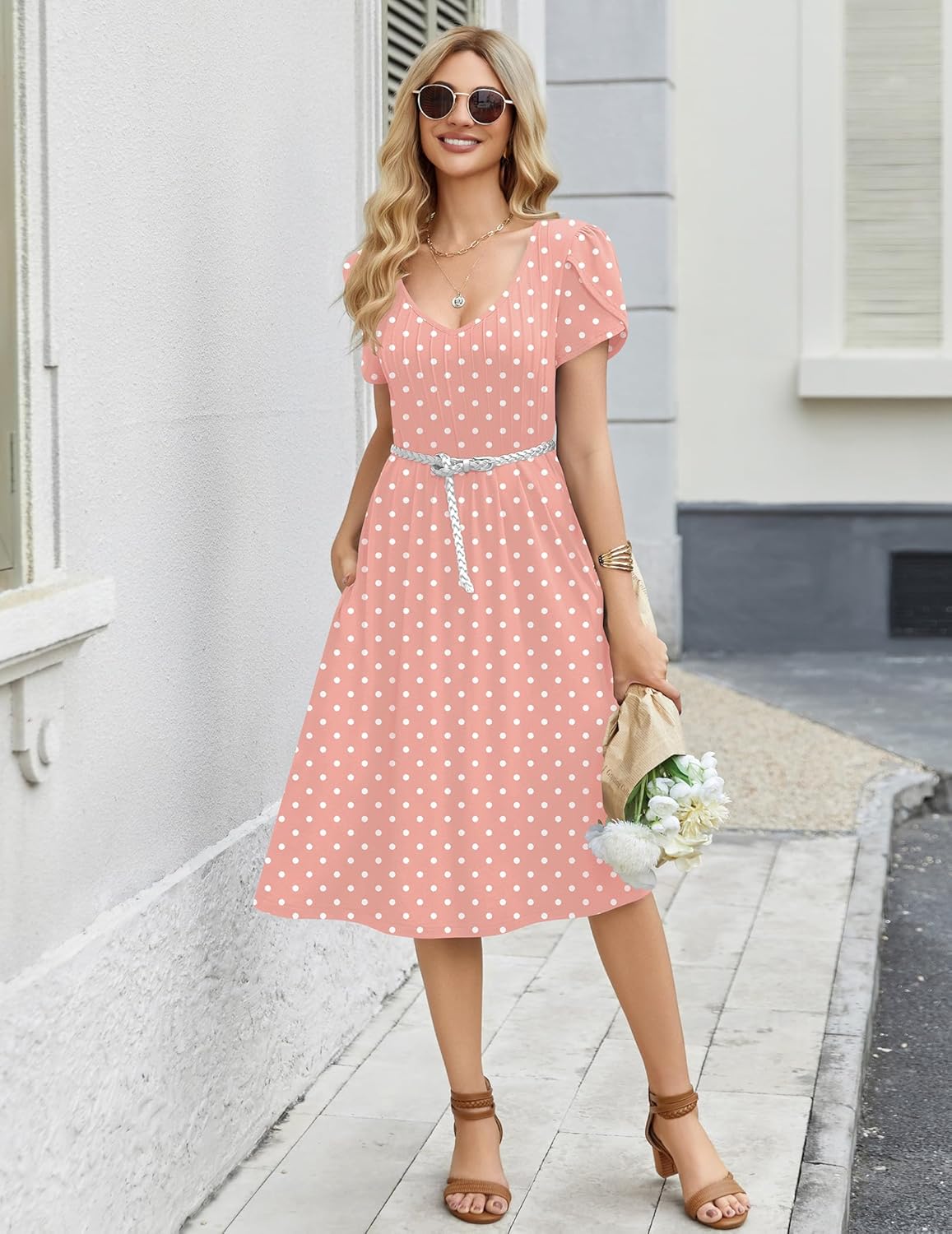 Zeagoo Women Midi Dresses for Summer 2026 Short Sleeve Casual Flowy Dress A Line Pleated V Neck Beach Sundress with Pockets - Image 4