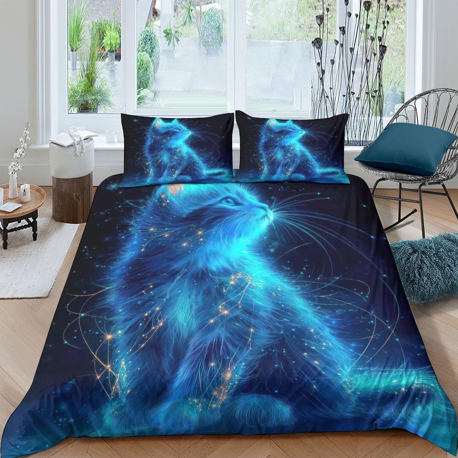 Ctjqhvkz Style-2 3D Printed Blue Galaxy Cat Fitted Sheet Microfiber Soft Breathable Cosmic Nebula Mattress Cover For Bedroom Decor Single（135X200cm）