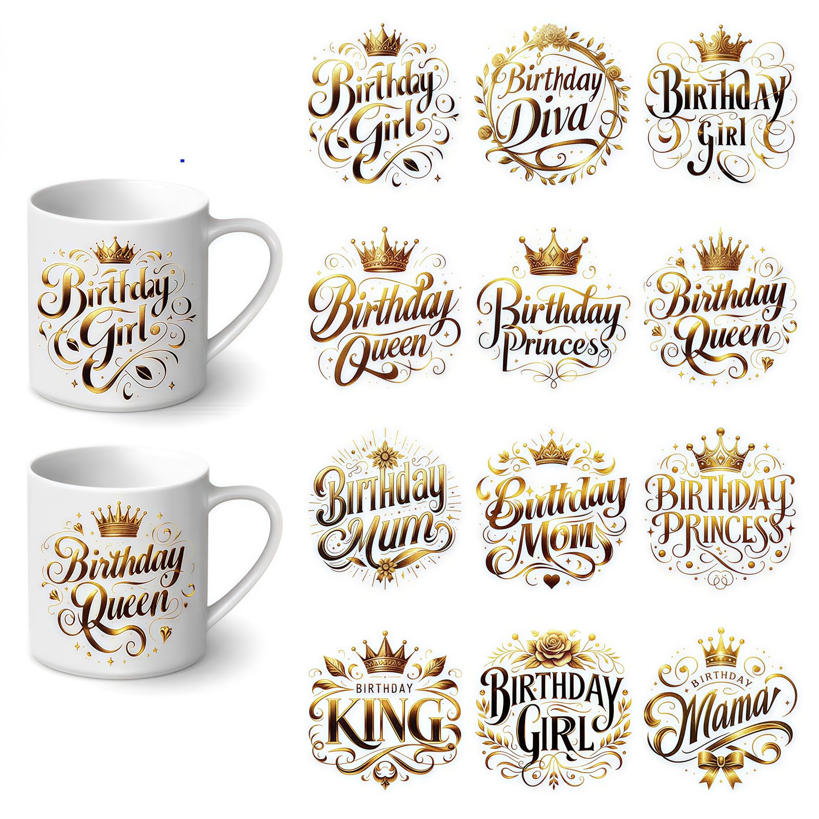 Yqtwlkjic Golden 12Pcs Birthday Theme Uv Dtf Cup Wraps Winter Uv Dtf Transfer Waterproof Sticker For Glass Cups Furniture Craft Diy Crafts，Rub On Transfer Stickers For Diy Water Bottle Laptop Decal Wood Car