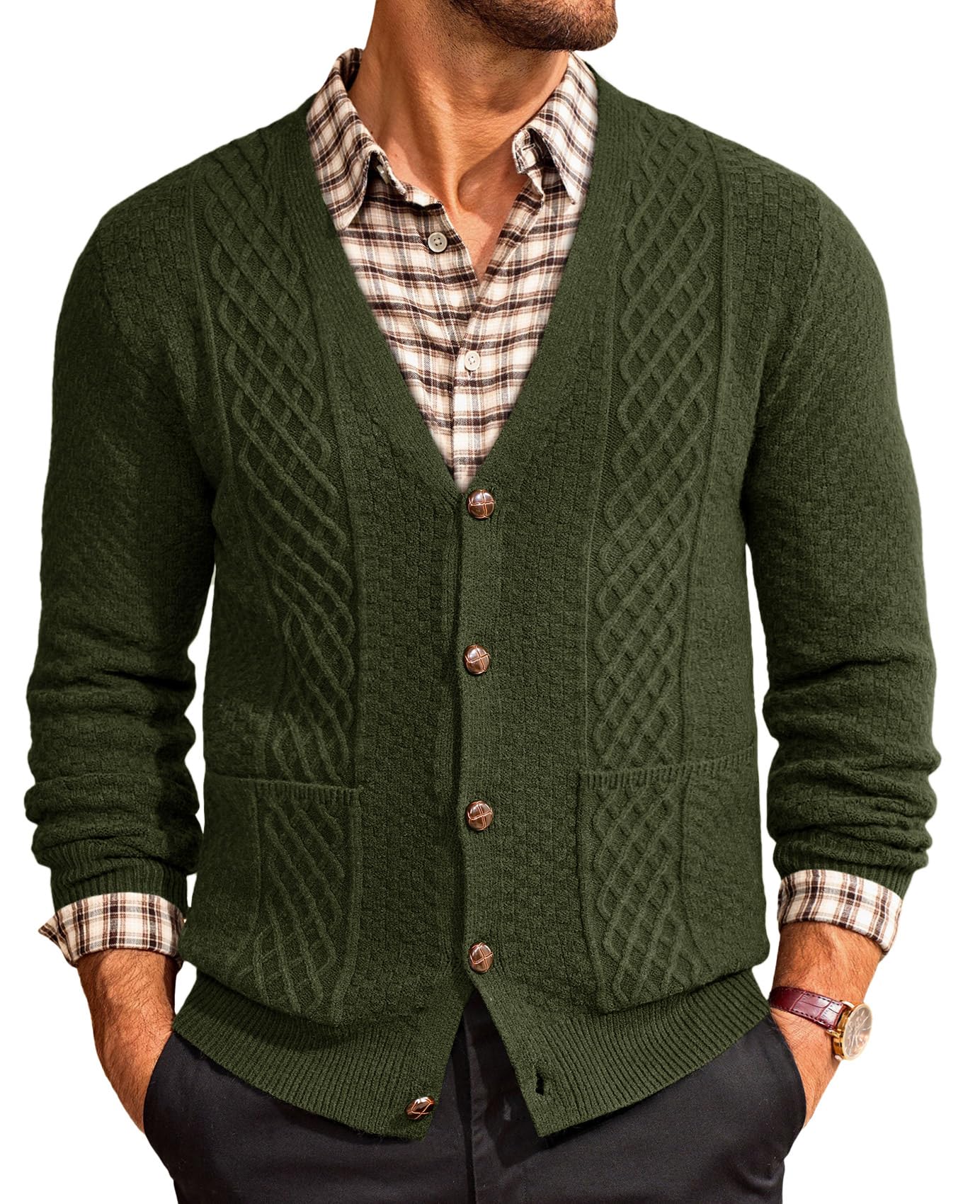 Mens Cardigan Sweater Casual V Neck Cable Knitted Cardigans Button Down Winter Chunky Sweaters with Pockets-image-7