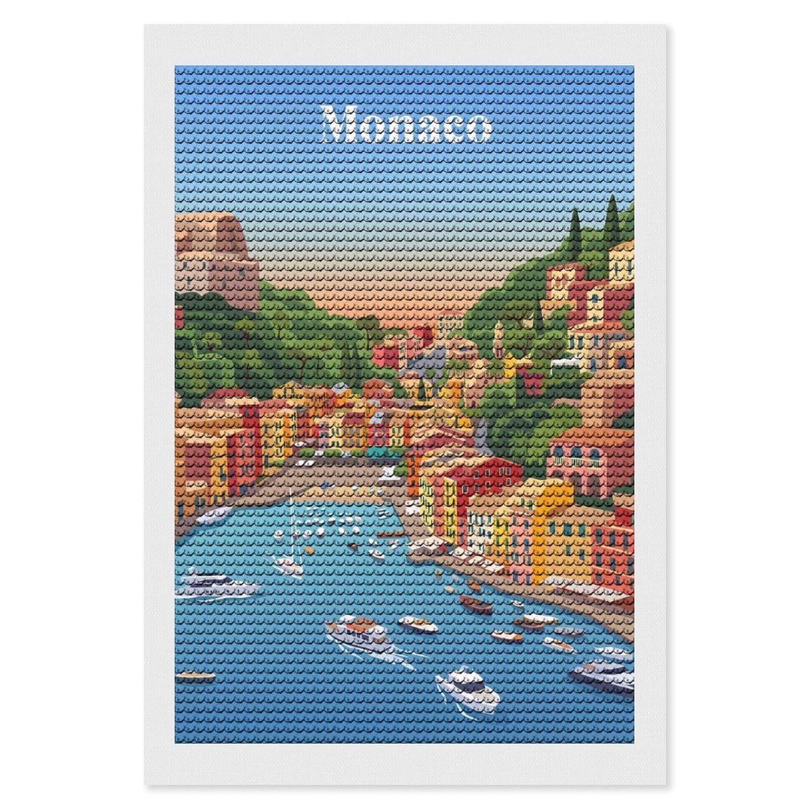 Junmoney Monaco Coastal Town Diamond Painting Kit 8"x12", Easy Handmade Project, Cosy Home Accent, for Craft Lovers, Holiday Gift Idea