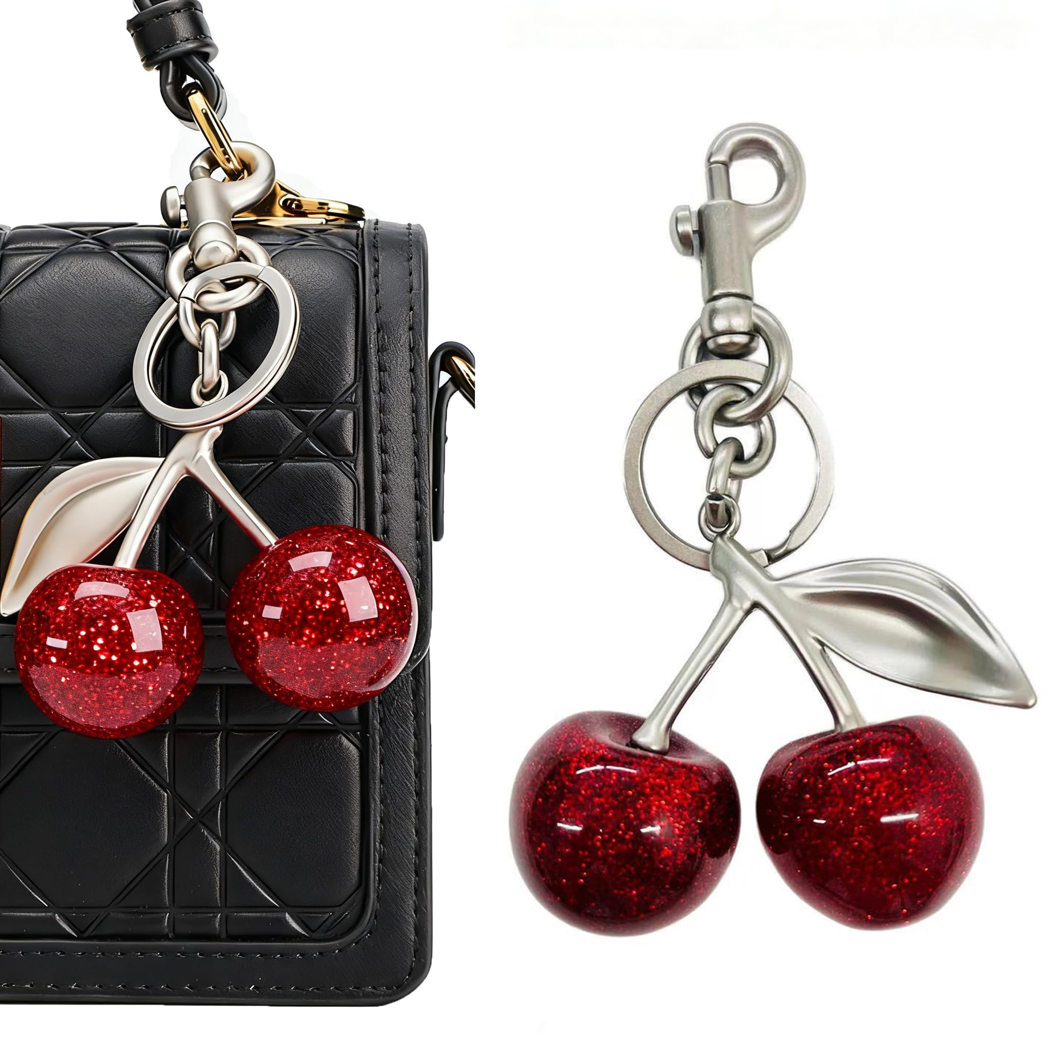 Glimbely Women's Silver-Red Cherry Bag Purse Charms Cute Cherry Keychain Purse Handbags Car Keys Accessories Gifts For (Silver-Red)