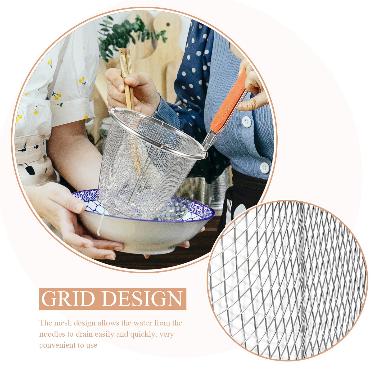 Colador de Alimentos 14 Cm de Acero Inoxidable con Mango de Madera Antideslizante, Set de 4 Piezas para Colar Fideos y Pasta, Utensilios de Cocina Portátiles para Hogar