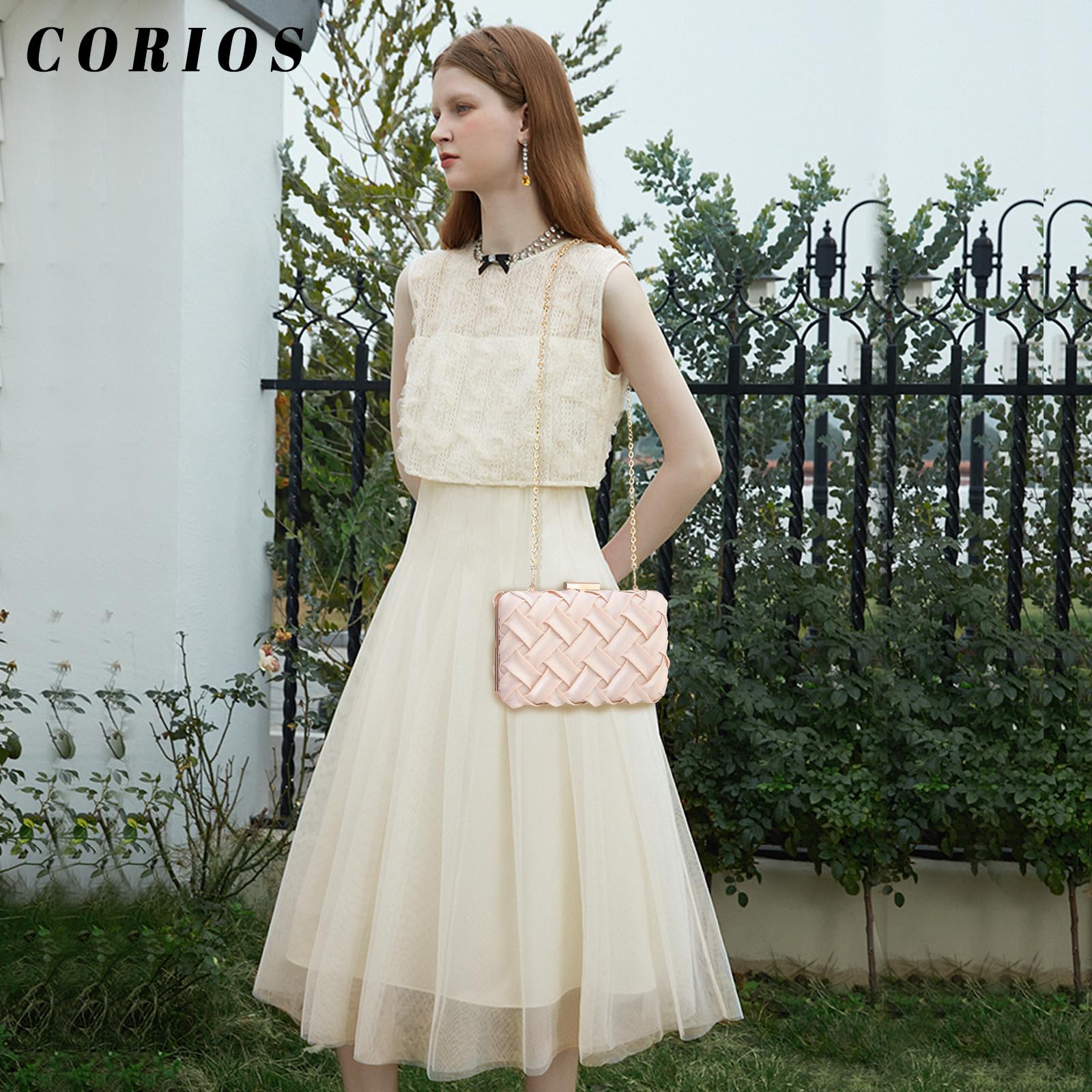 CORIOS Women Clutch Bag Evening Bag Bridal Wedding Purse Ladies Shoulder Bag With Detachable Chain Retro Handbag Elegant Crossbody Bag for Prom Party Cocktail Banquet Apricot