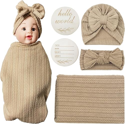 Conjunto de manta para recién nacido con sombrero y diadema a juego, tarjeta de anuncio de nacimiento de madera, mantas de muselina para bebés para disponible en Yaxa Peru