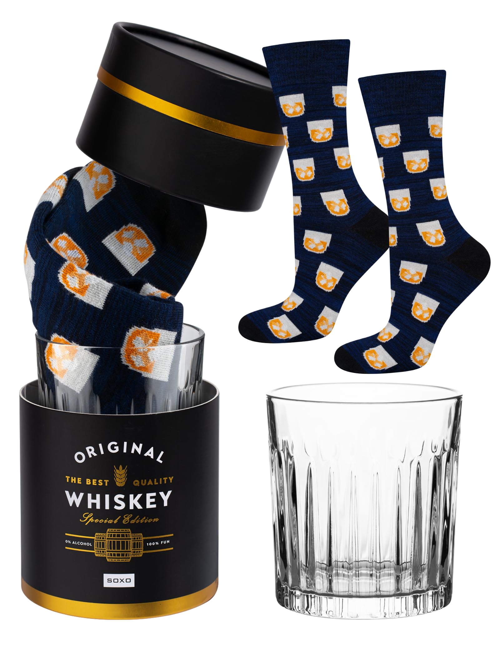 Soxo Men's Socks Whiskey + Glass Whisky Socks Funny Gifts Cotton Sock Colourful Funky Gift Presents 6.5-10.5
