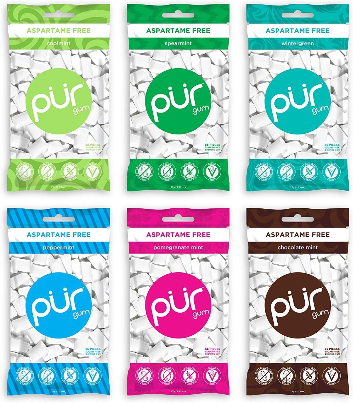 100% Xylitol Chewing Sugar & Aspartame Free, Vegan + non GMO, White, 55 Count each(Variety Pack of 6)