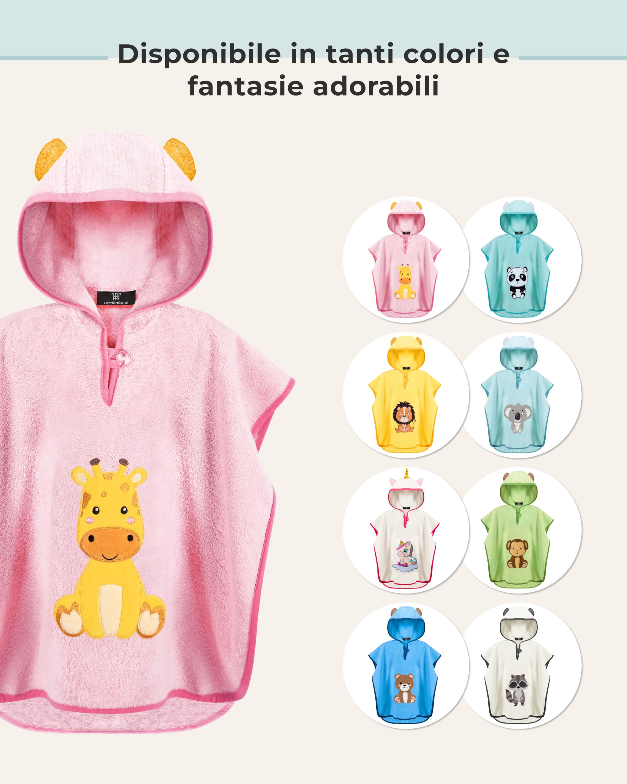 LAYNENBURG Asciugamano da bagno bambini cappuccio - 100% cotone - OEKO TEX - bambino Ragazzi Ragazze telo mare poncho spugna
