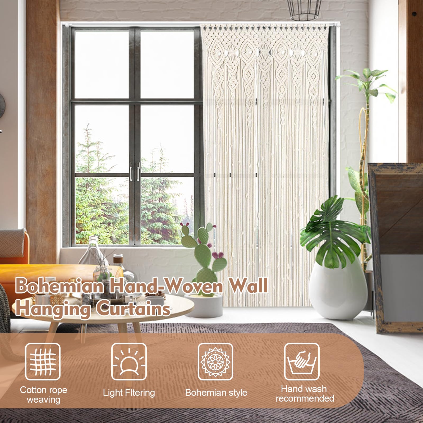 Makramee Vorhang Tür, Boho Türvorhang, ‌Handgewebte Makramee Wandteppich, Fadenvorhang für Raumteiler Hochzeit Hintergrund Inneneinrichtung (100 * 200cm)
