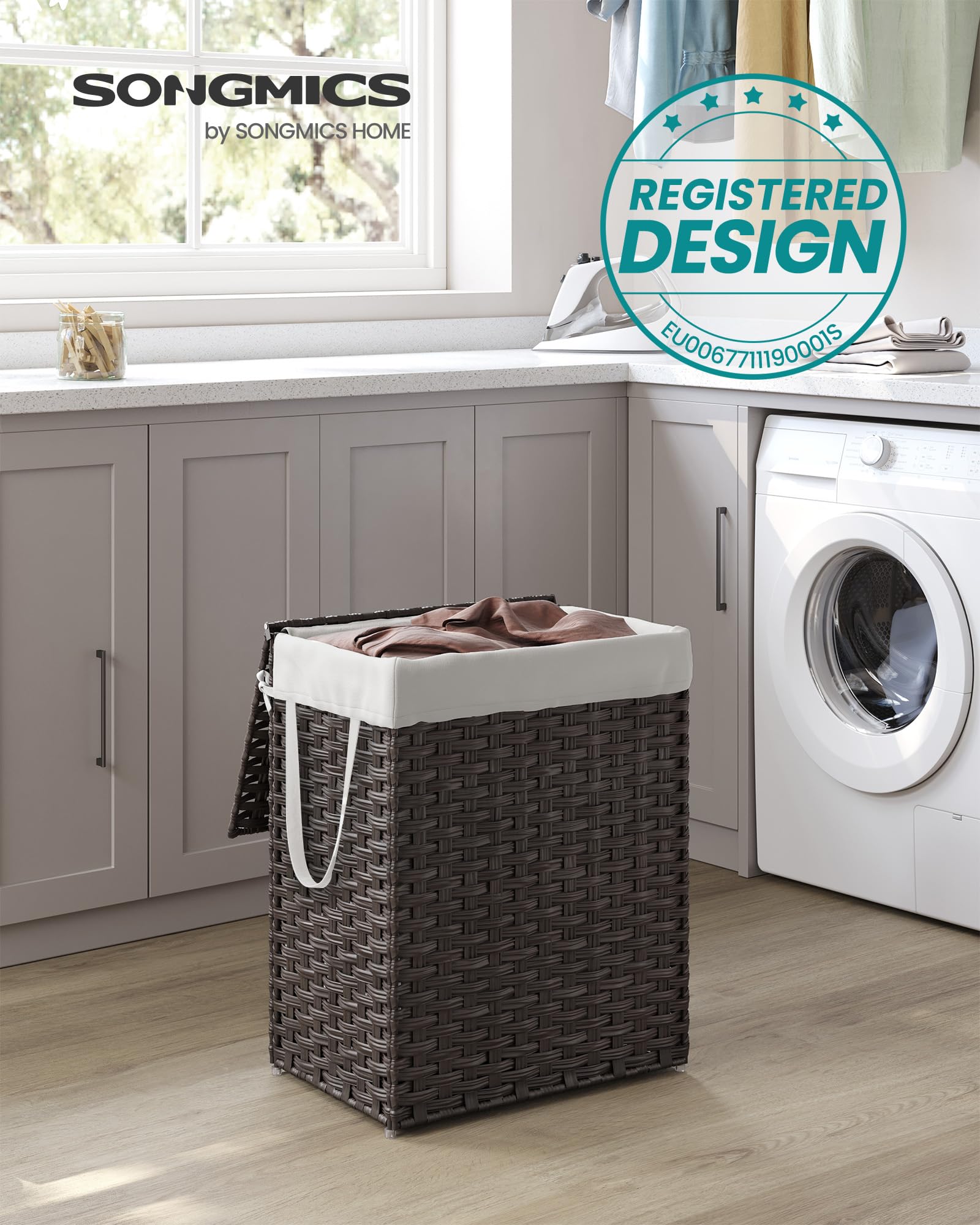 SONGMICS Cesta de Almacenamiento, Cesta de Lavandería de 90 L con Tapa, Plegable, Bolsas de Tela Extraíbles y Asas, para Mantas, Ropa, Salón, Dormitorio, Lavadería, Marrón LCB051K02