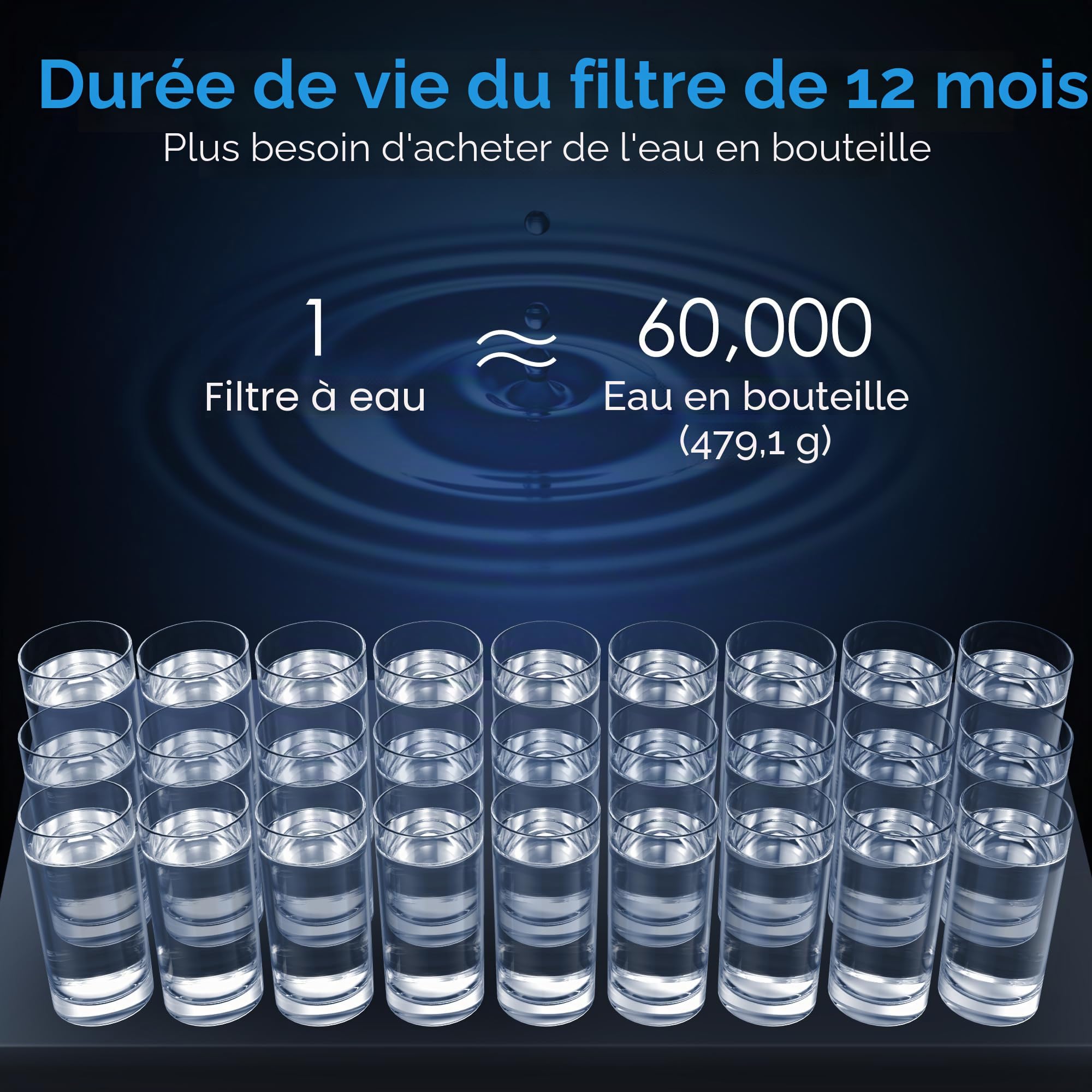 Waterdrop AS13 Filtre à eau sous évier, pas de perçage nécessaire, réduit les PFAS, PFOA/PFOS, filtre en acier inoxydable à 6 étapes, capacité de 56 000 litres, débit de 2 gpm