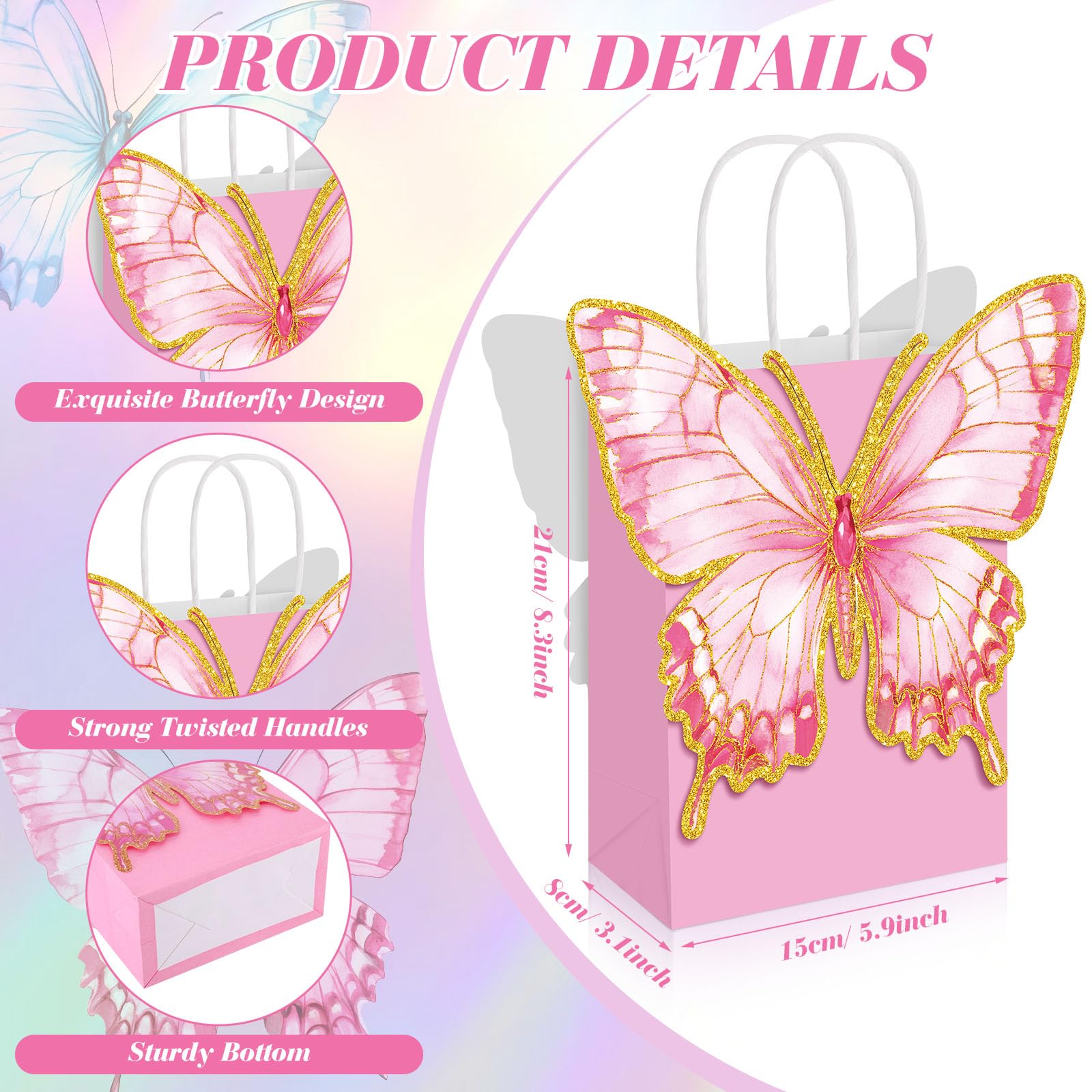 Booson 24 PCS Butterfly Paper Party Bags with Twisted Handles Blue Pink Purple Green Party Favor Bag with Adhesive Dots Paper Treat Candy Goodie Bags for Birthday Bridal Showers Decoration Supplies