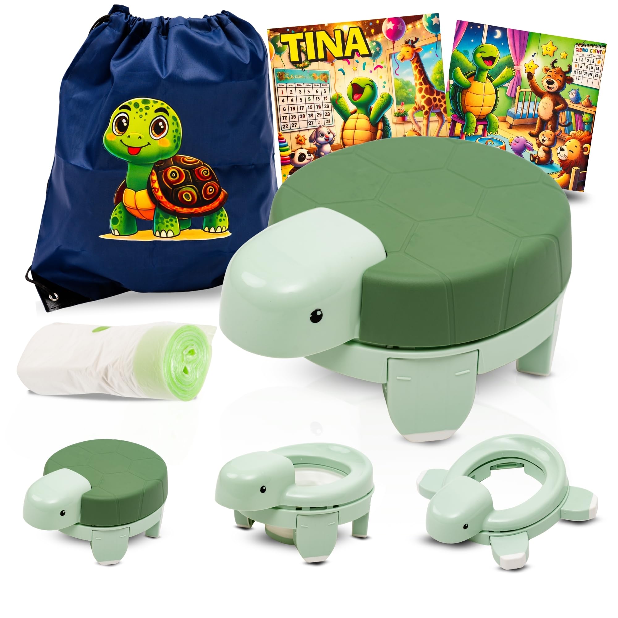 Vasino Bambini Portatile 4 in 1 Pieghevole – Riduttore WC per Bambini, WC Portatile da Viaggio, Sgabello e Rialzo, Design Tartaruga, con 20 Sacchetti e Zaino