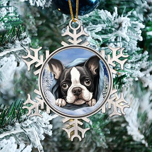 Miniatura 9 de CowkissSign Adorno de copo de nieve de metal  Chow lindo y divertido perro que mira a cachorro, copo de nieve de Navidad, árbol de Navidad de metal,