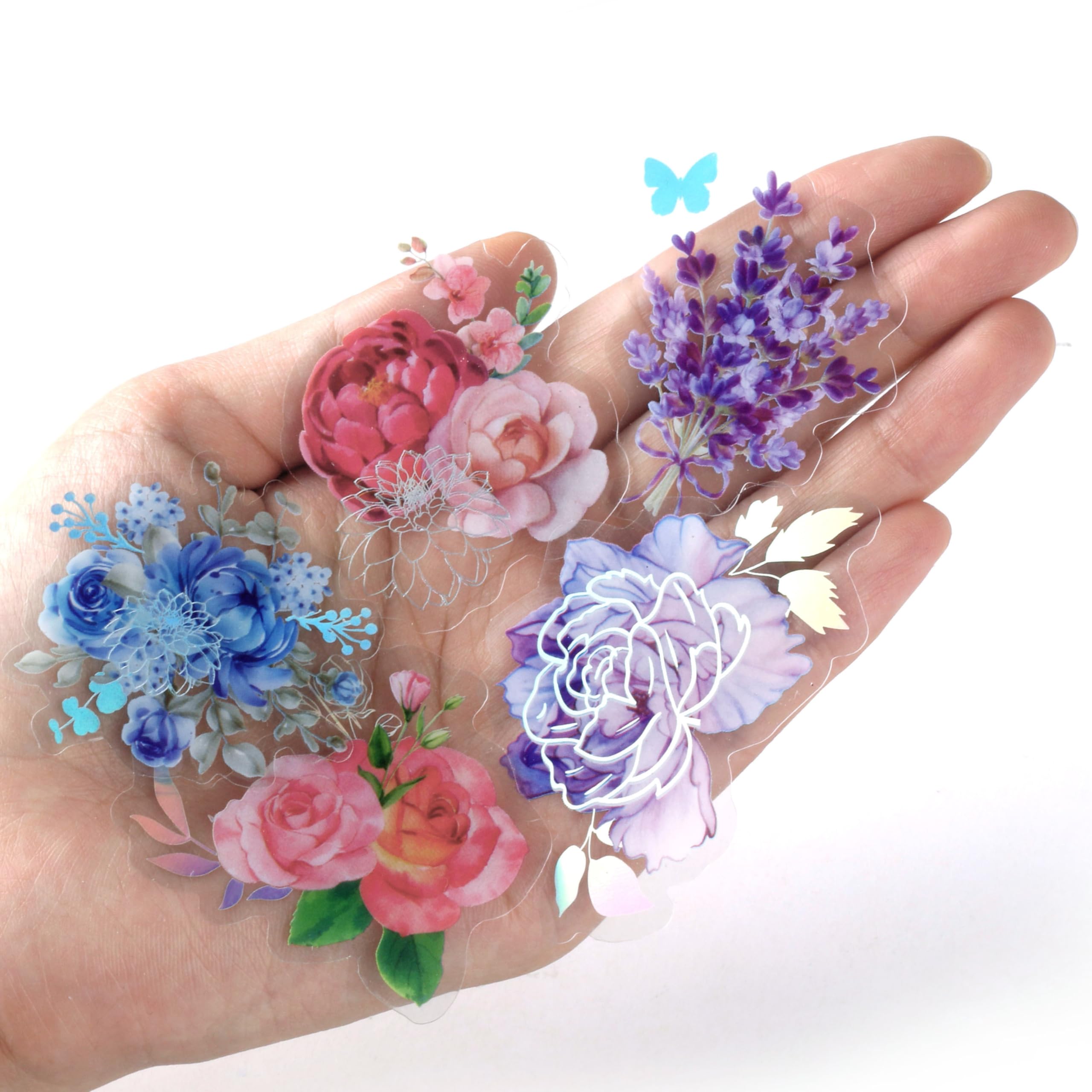 100Pcs Holographic Nature Flower Stickers Floral Decorative Adhesive Watercolor Scrapbooking Supplies Journaling for Adults Card Making Scrapbook Materials Craft Daily Planner