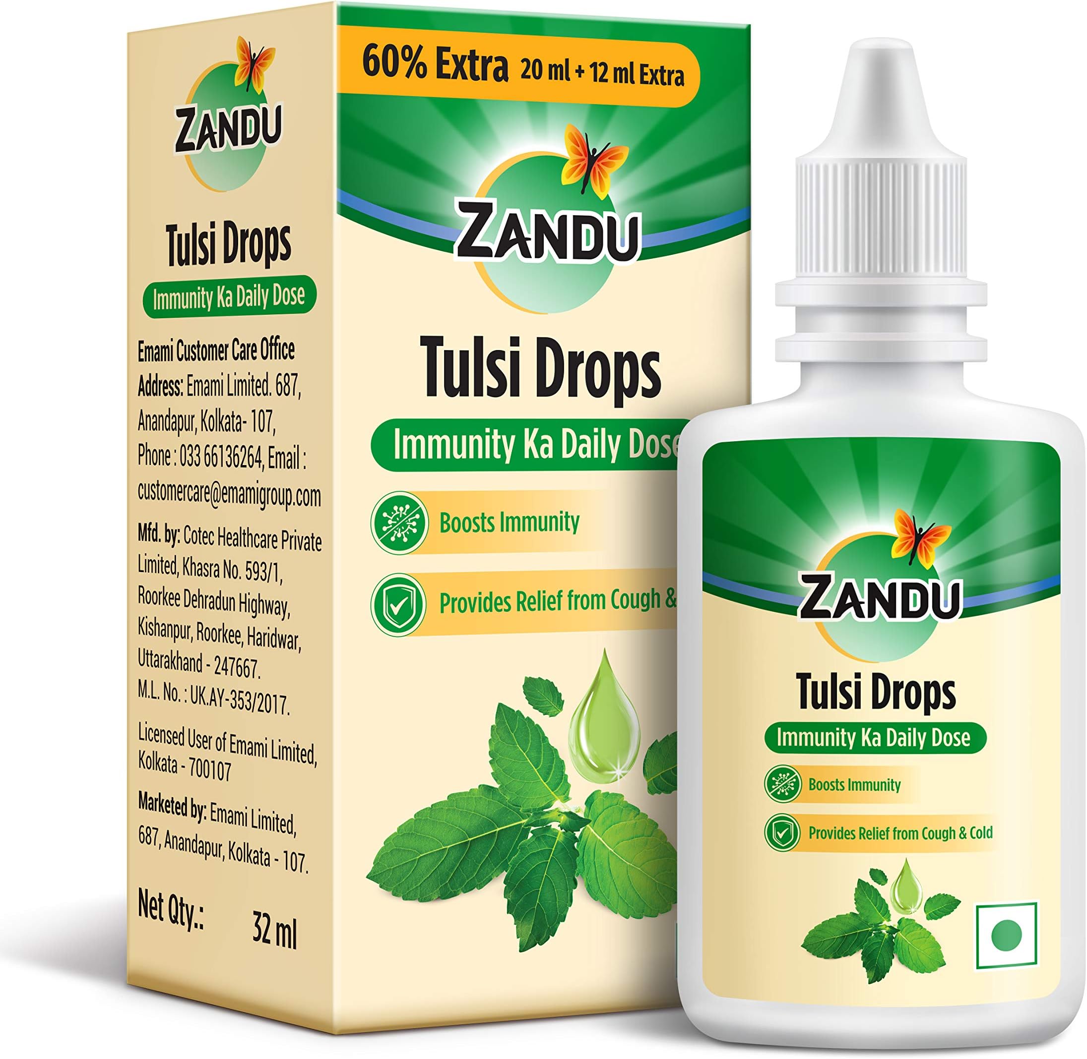 Zandu Tulsi Drops - 60% EXTRA with 2X Immunity, Experience the magic of multiple benefits of Tulsi | Natural Immunity Booster for good health|Powerful Cough and Cold relief formula (20ml + 12ml Free)