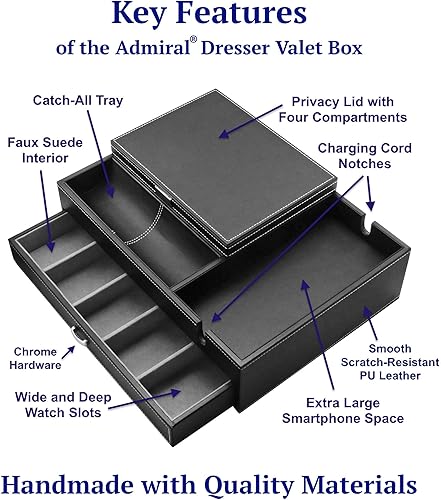 Miniatura 5 de HOUNDSBAY Admiral Dresser Valet Box & Mens Jewelry Box Organizer with Large Smartphone Charging Station (Grey)