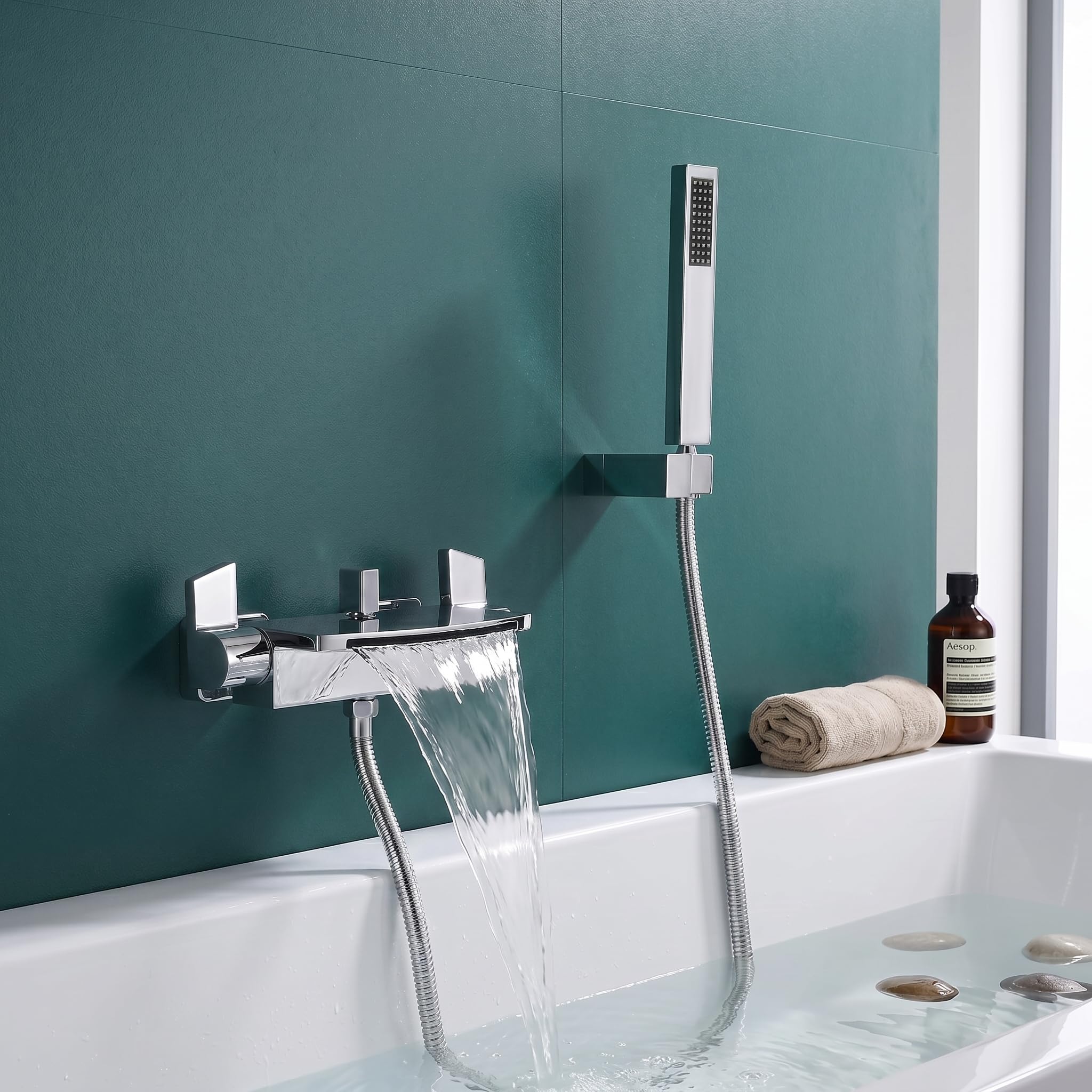 HOMELODY Badewannenarmatur Wasserfall mit Brause Wasserhahn Badewanne Mischbatterie Messing Wannenarmatur Chrom