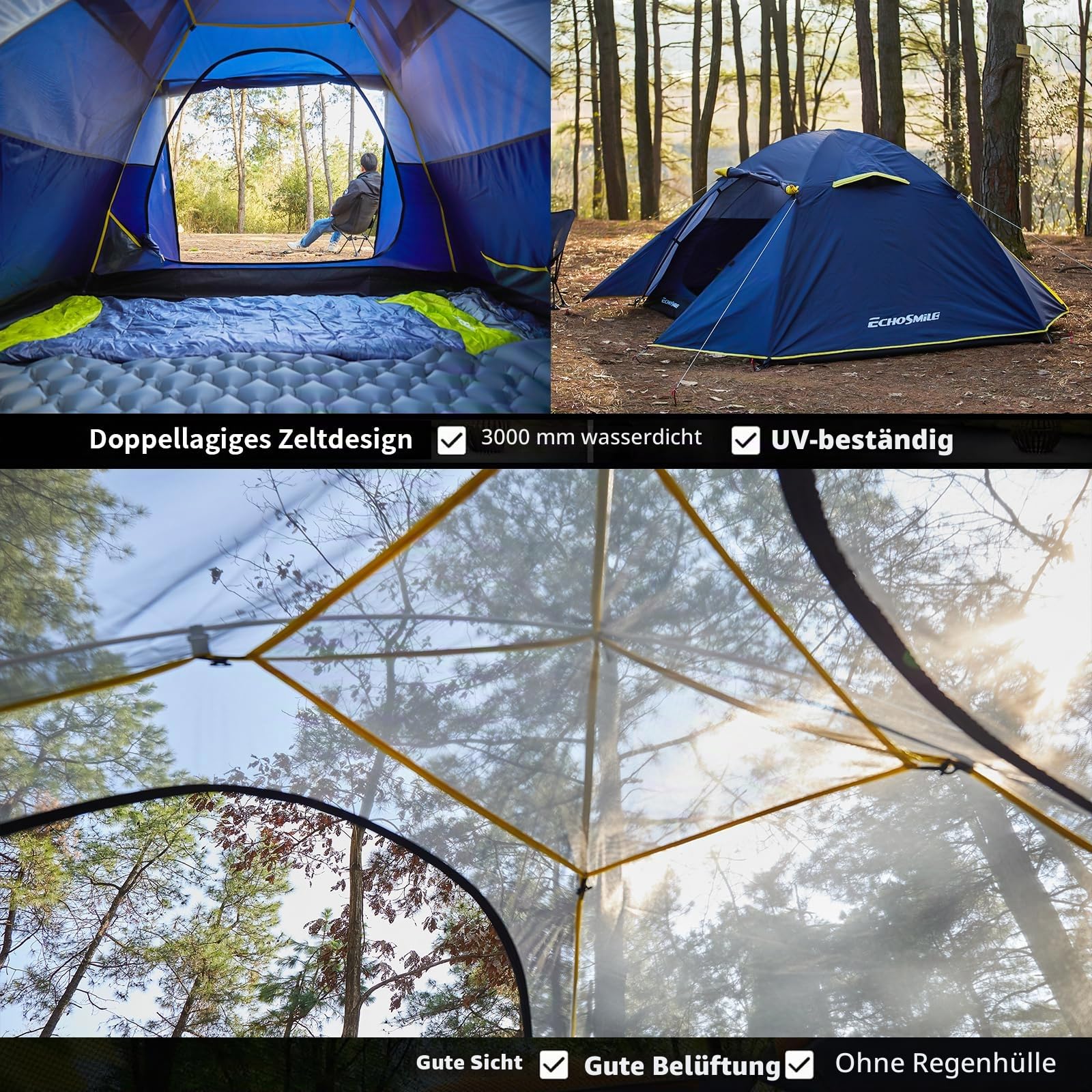 EchoSmile Zelt 3 Personen, Geräumiges Kuppelzelt für 3-5 Personen mit Erweiterbarem Raum, aufzubauendes Zelt für Picknick, Wandern und Outdoor Aktivitäten