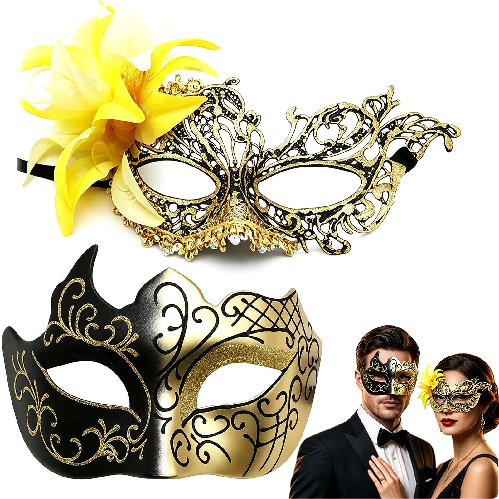 ZORVA Masquerade Mask, 2 Pack Masquerade Mask for Women & Men
