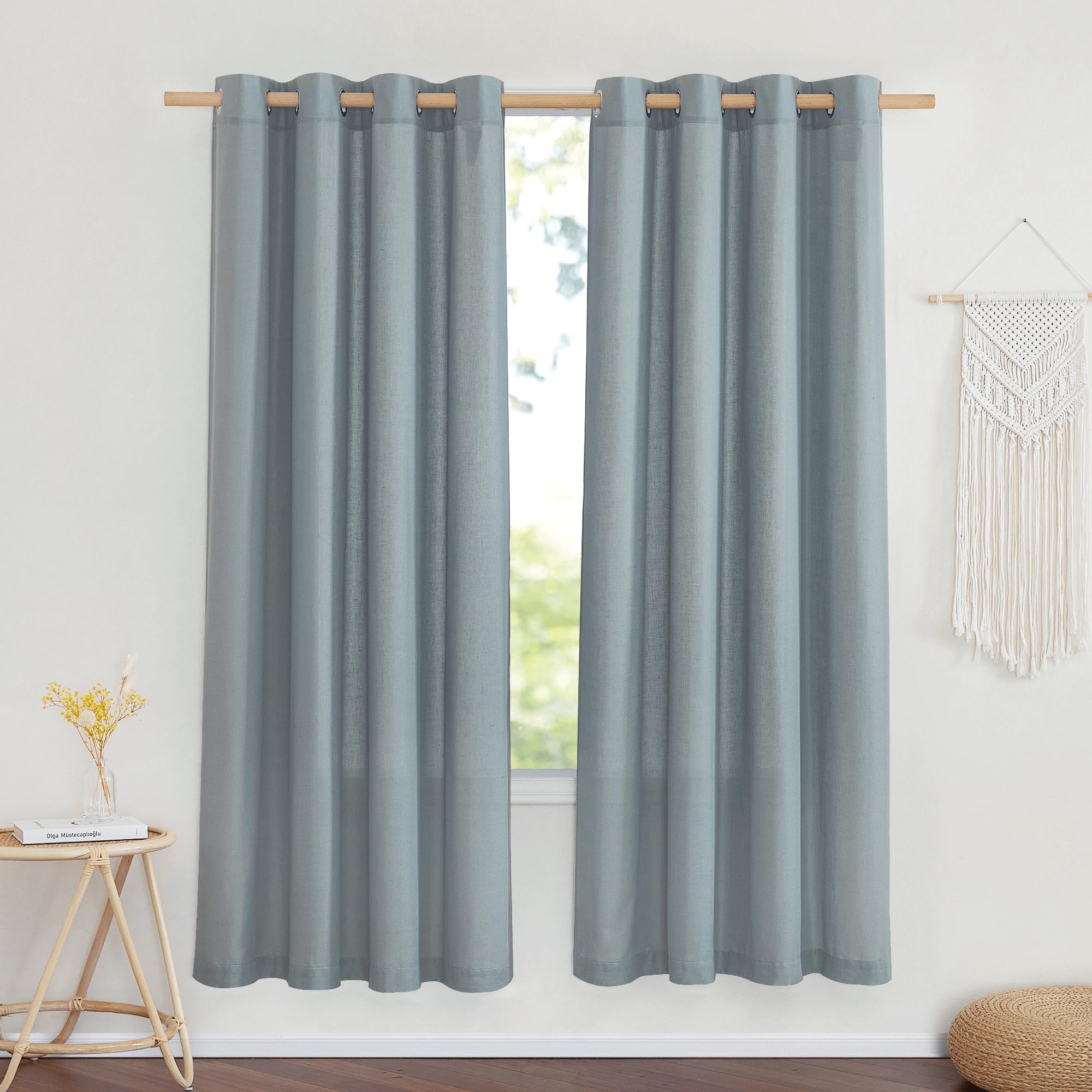 NICETOWNStone Blue Thick Linen Curtains for Bedroom, Grommet Linen Blend Vintage Window Treatments Privacy Curtains That Let Light in for Living Room, 55" W x 72" L, Set of 2