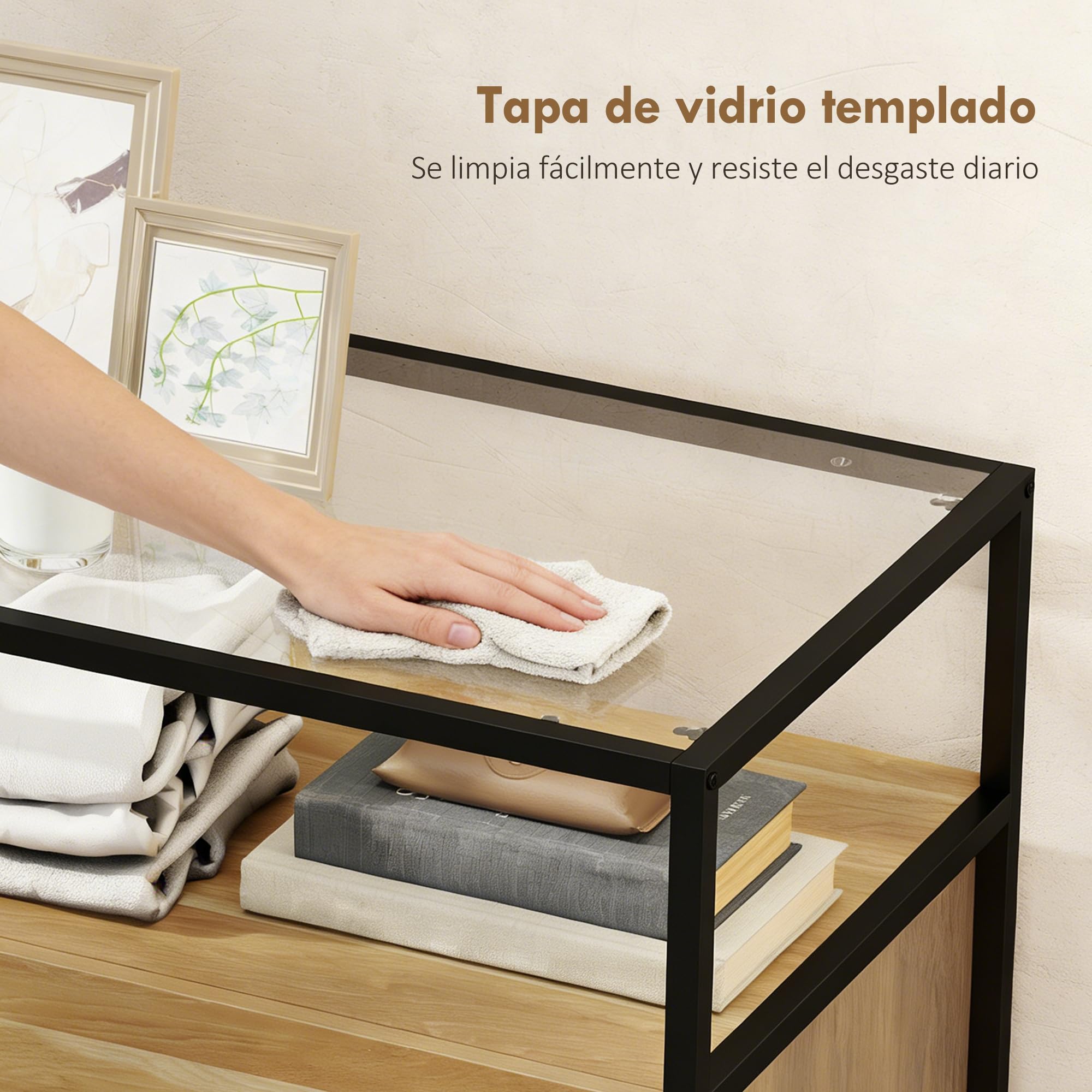 HOMCOM Cómoda 4 Cajones Superficie Vidrio Transparente 60x40x94,5 cm Teca | Estante Abierto, Cómoda Dormitorio, Estructura de Acero, Cajonera para Salón, Oficina