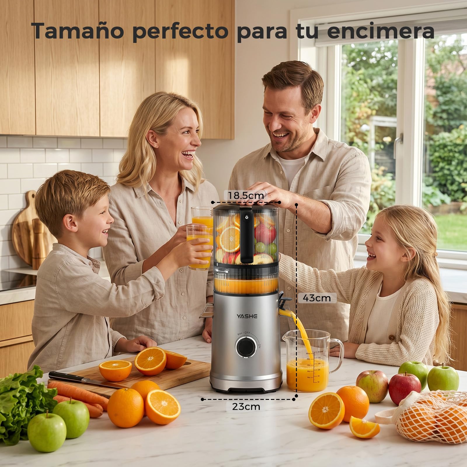 YASHE Extractor de Zumos Prensado en Frío 600W, Boca XL 152 mm para Frutas y Verduras Enteras, Filtro 3 en 1 (Zumo, Sorbete, Leche Vegetal), Alto Rendimiento, Apto Lavavajillas, Sin BPA