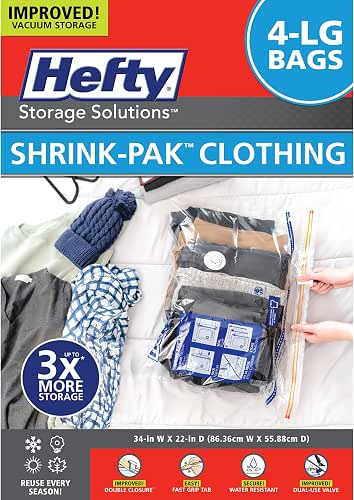 Hefty Shrink-Pak - 4 Large Vacuum Storage Bags for Clothes,