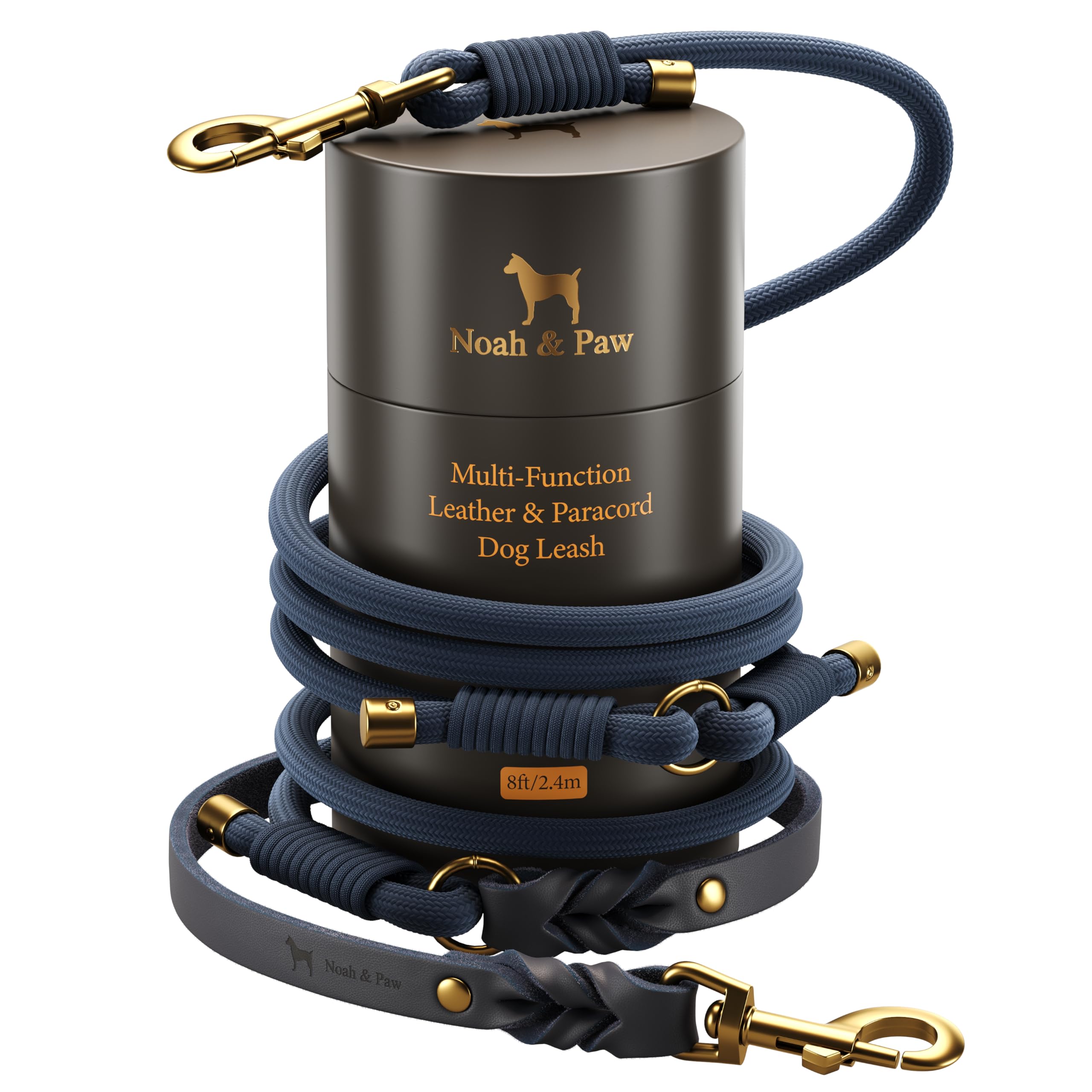 NOAH & PAW Hands Free Dog Leash, Oil-Waxed Leather & Heavy-Duty Paracord, 8 ft, Long Dog Leash with 6 Ways to Use (Ideal for Cats, Small, Medium & Large Dogs) Matching Collar Available. (Dark Blue)