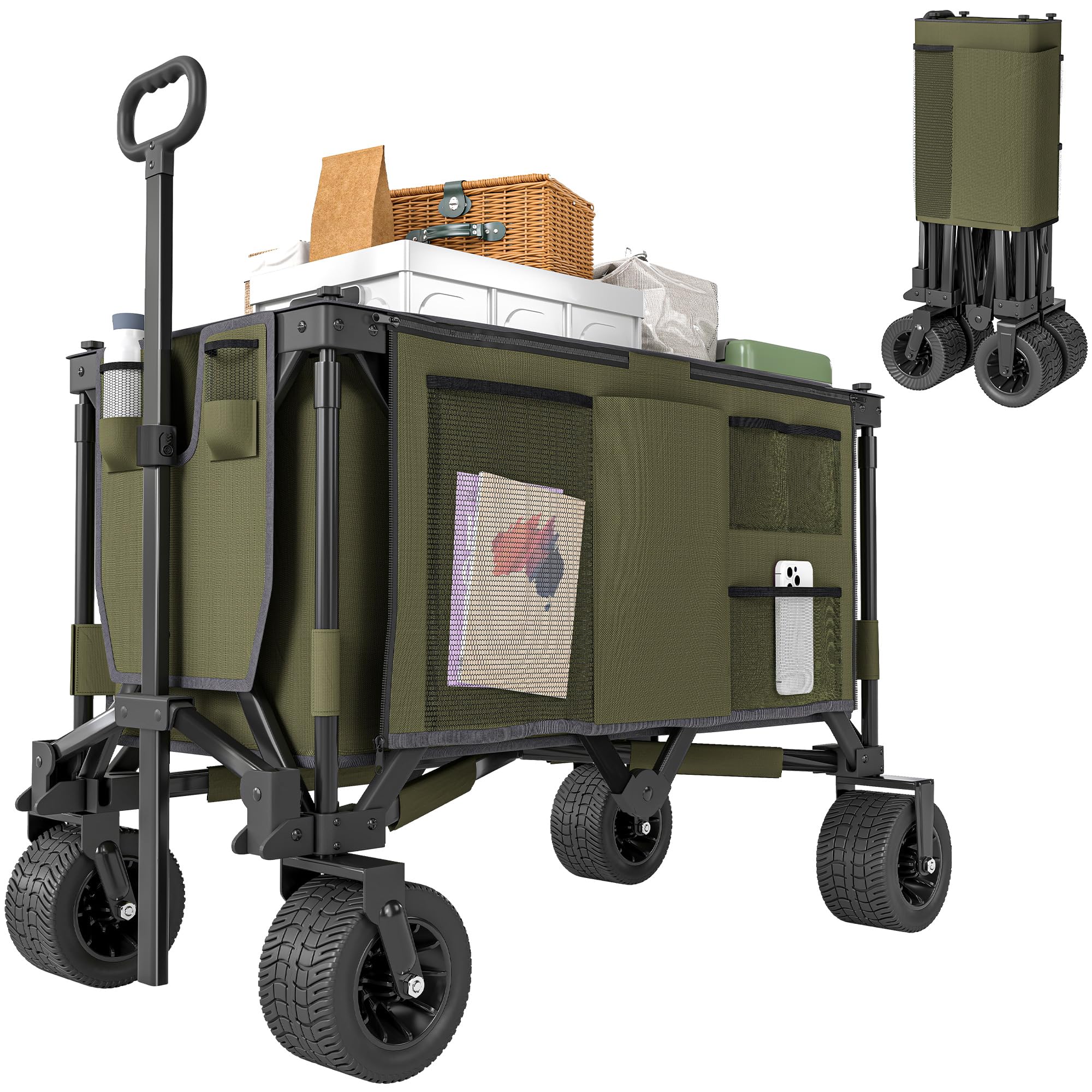 Outsunny Bollerwagen Faltbarer Handwagen mit Verstellbarem Griff Grün | Schwerlast Strandwagen, Taschen, Gartenwagen mit Breiten Drehrädern, Transportwagen bis 120 kg Belastbar