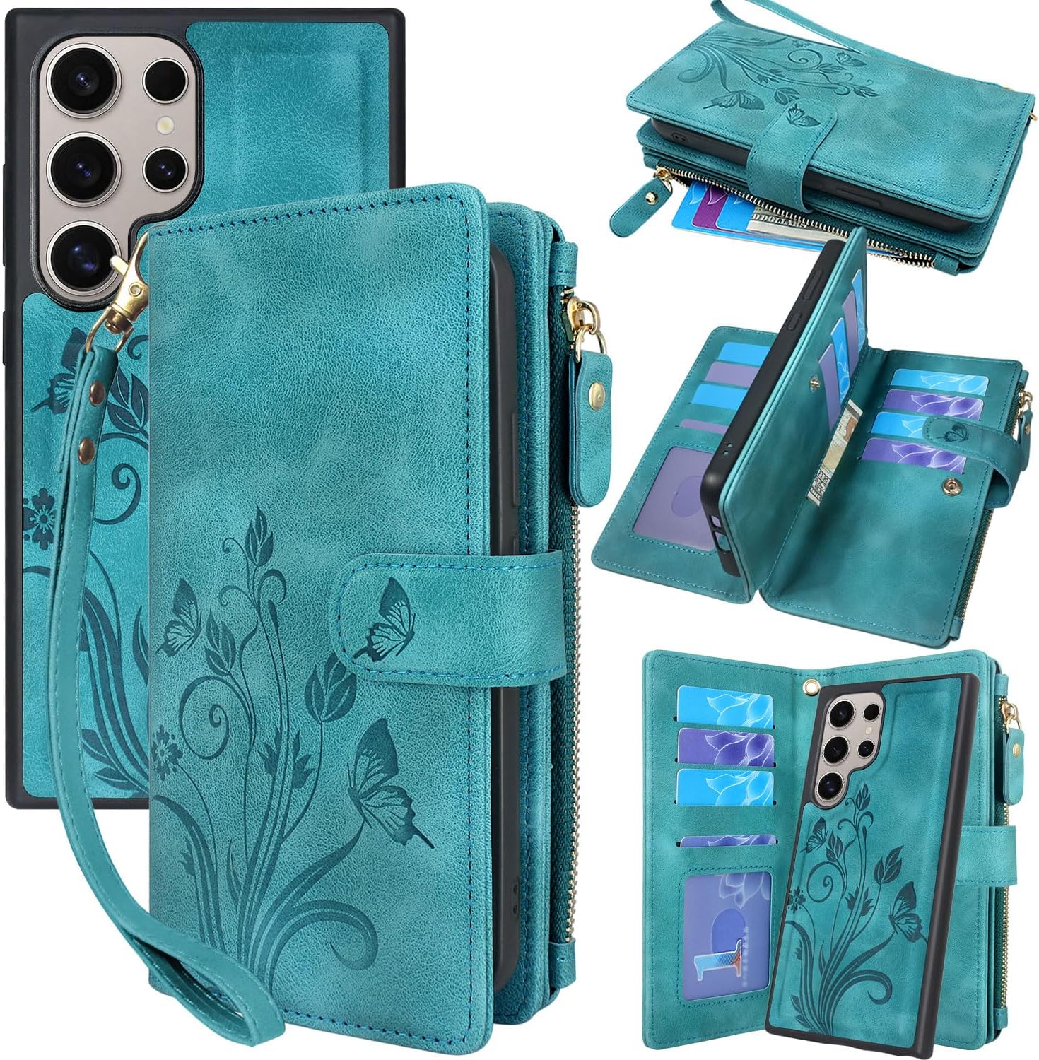 Lacass Case Wallet for Samsung Galaxy S24 Ultra 6.8 inch 2024, [12 Card Slots] ID Credit Cash Holder Zipper Pocket Detachable Leather Wallet Cover with Wrist Strap Lanyard（Floral Blue Green）