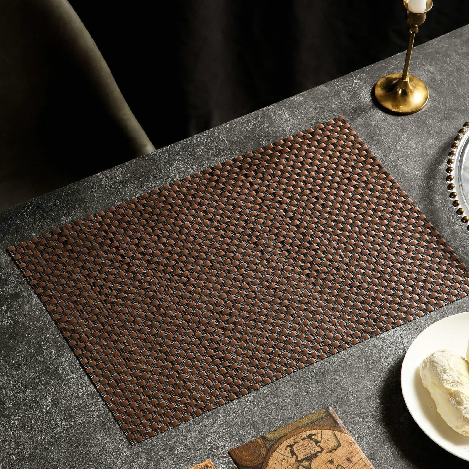 Tischsets Platzsets 6er, Platzset Winter 30x45cm Rechteckig Gewebt Braun Grau PVC für Hause Küche Hotel und Restaurant