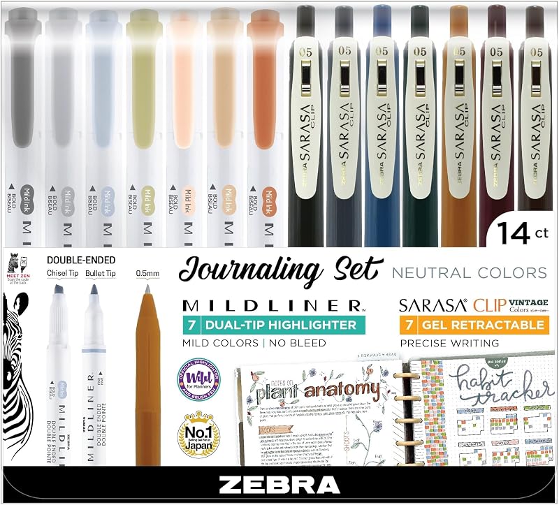 Zebra Pen MILDLINER Highlighter & SARASA Clip Set, Neutral Vintage, 14-Pack | Includes 7 SARASA Clip Vintage Gel Pens and 7 MILDLINER Neutral Highlighters, Ideal for Journaling and Note-Taking (10114)