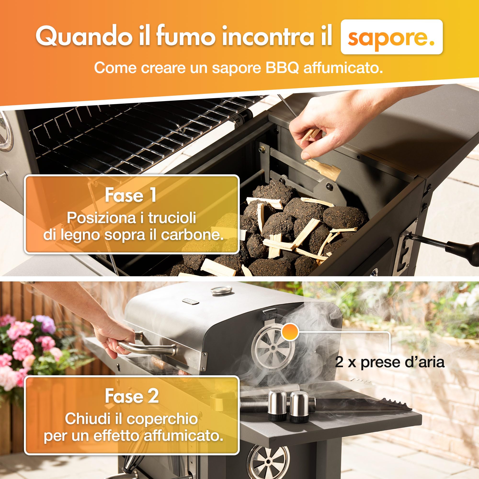 VonHaus Barbecue a Carbone – Barbecue con Griglia Scaldavivande, Altezza Regolabile, Termometro – Portatile, Cassetto Cenere, Ripiano, 2 Tavolini Laterali Pieghevoli, Ruote – Carne, Pesce e Verdure
