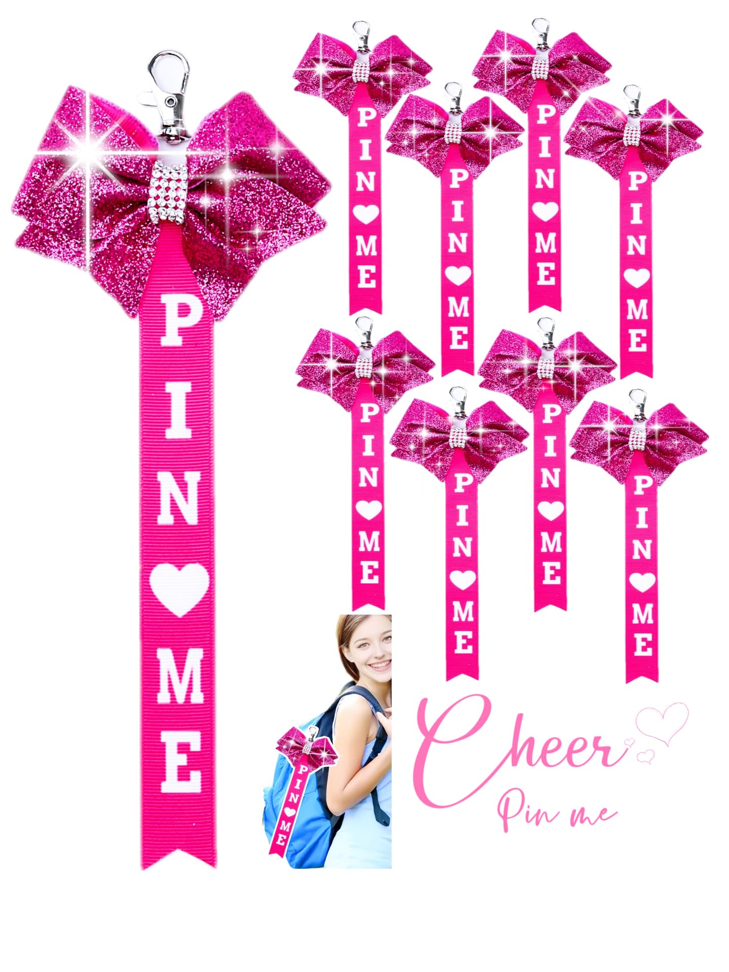 Cheer Pin Me Ribbon Cheerleader Pin Me Bow Cheer Bow Keychain with Rhinestones Cheerleading Sports Accessory Gift